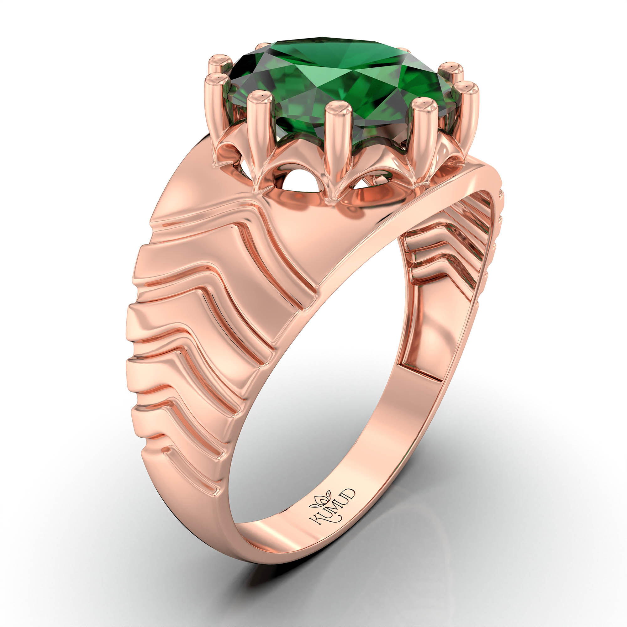 Emerald (Panna) Ring for Men in 18K Rose Gold – Oval 11x9 mm, Prong Setting, 4 g (Design KF-16) thumbnail