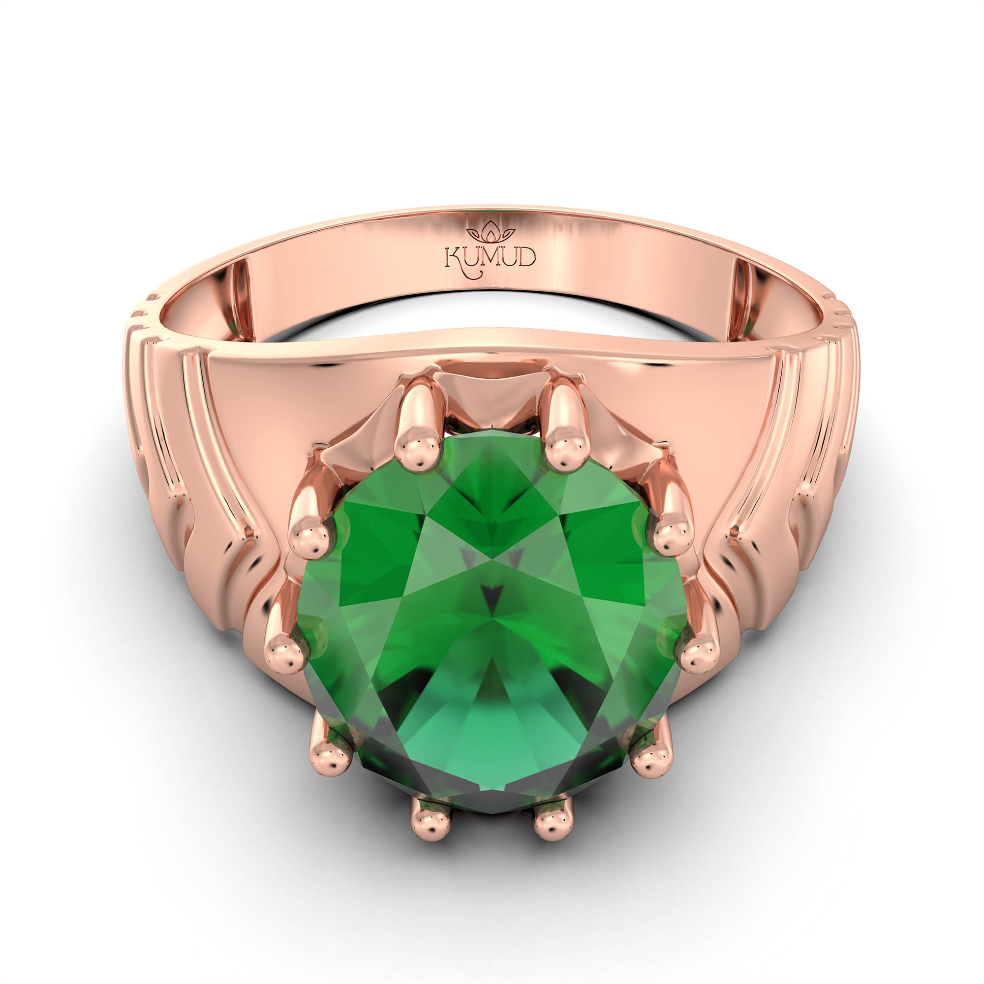 Emerald (Panna) Ring for Men in 18K Rose Gold – Oval 11x9 mm, Prong Setting, 4 g (Design KF-16) thumbnail