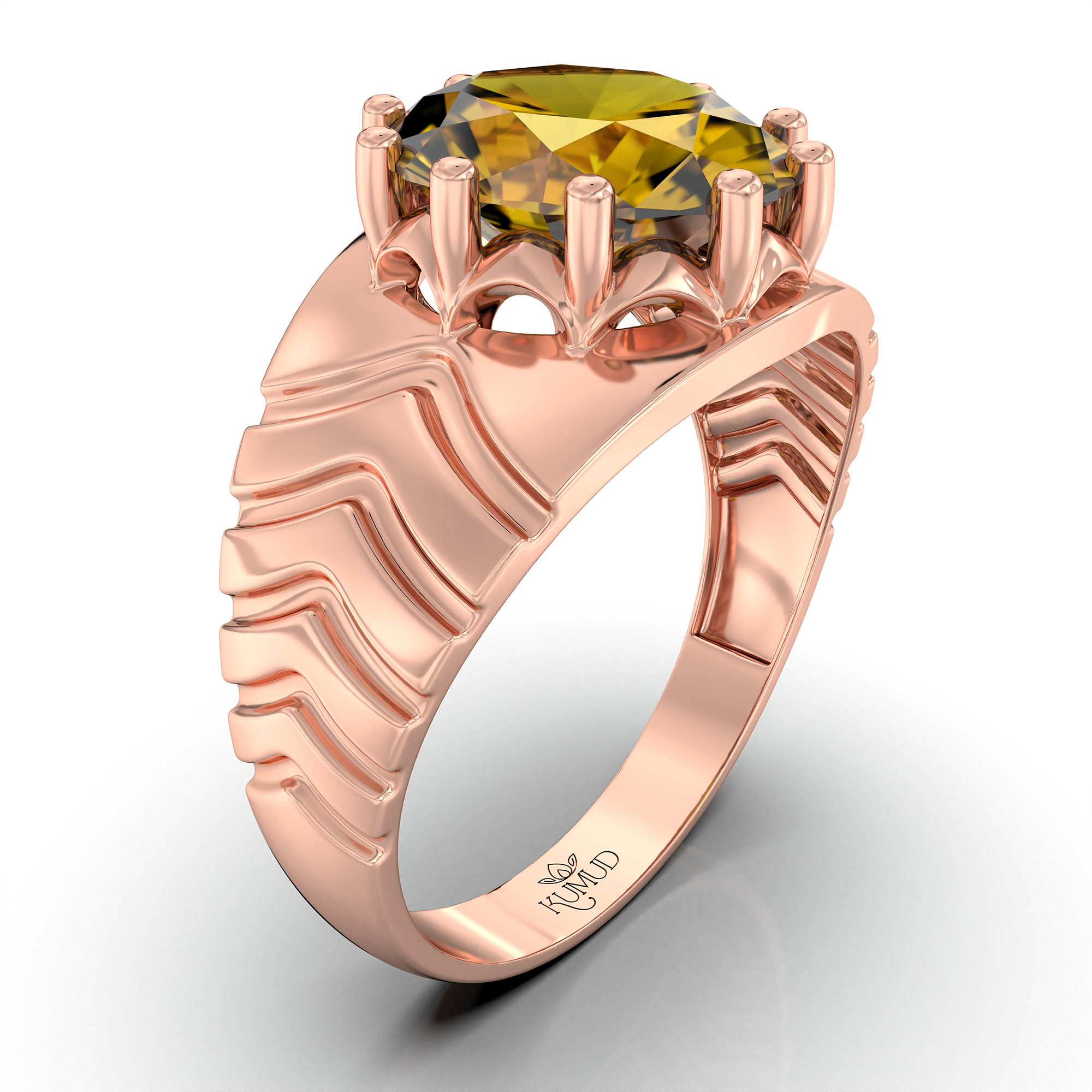 Yellow Sapphire (Pukhraj) Ring for Men in 18K Rose Gold – Oval 11x9 mm, Prong Setting, 4 g (Design KF-16) thumbnail