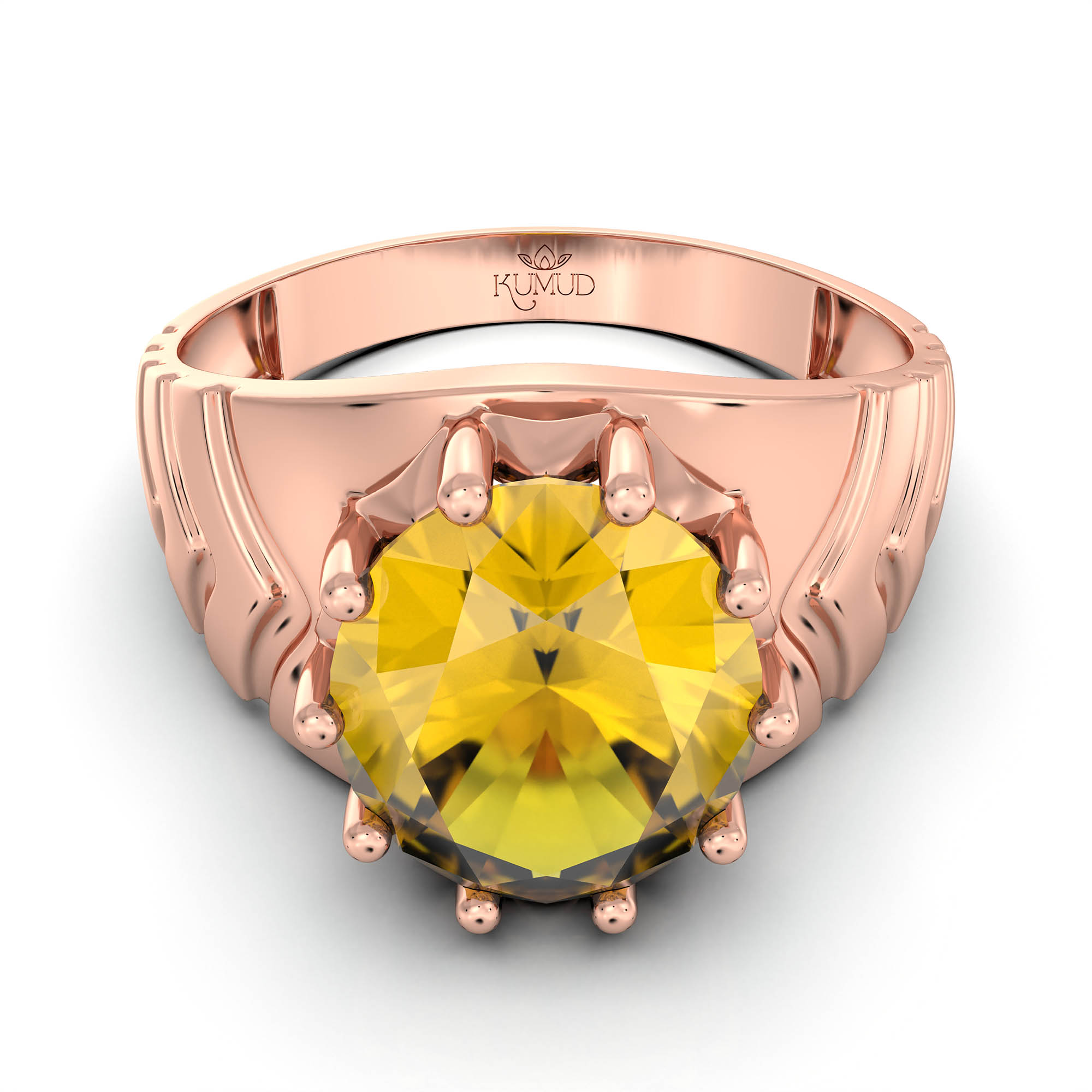 Yellow Sapphire (Pukhraj) Ring for Men in 18K Rose Gold – Oval 11x9 mm, Prong Setting, 4 g (Design KF-16) thumbnail