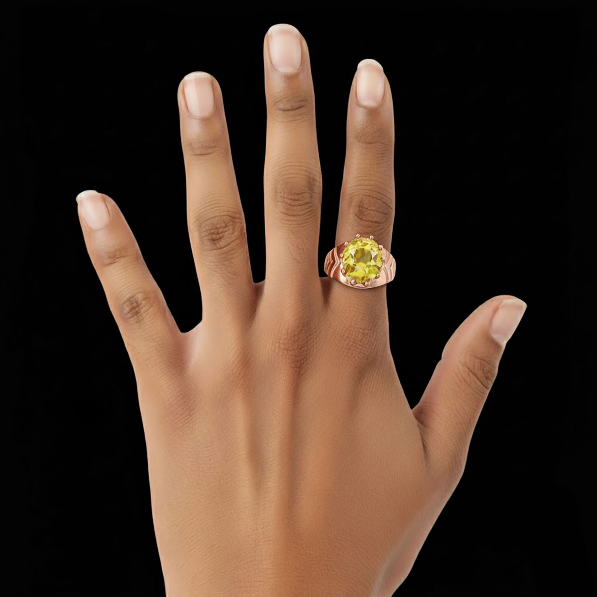 Yellow Sapphire (Pukhraj) Ring for Men in 18K Rose Gold – Oval 11x9 mm, Prong Setting, 4 g (Design KF-16) thumbnail
