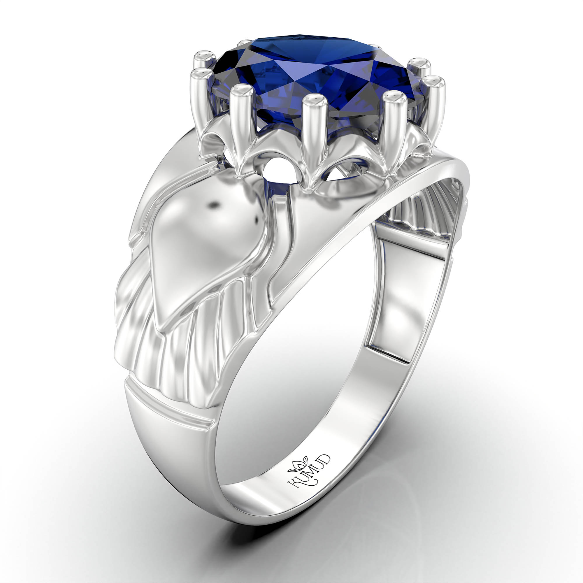 Blue Sapphire (Neelam) Ring for Men in 18K White Gold – Oval 11x9 mm, Prong Setting, 4 g (Design KF-17) thumbnail