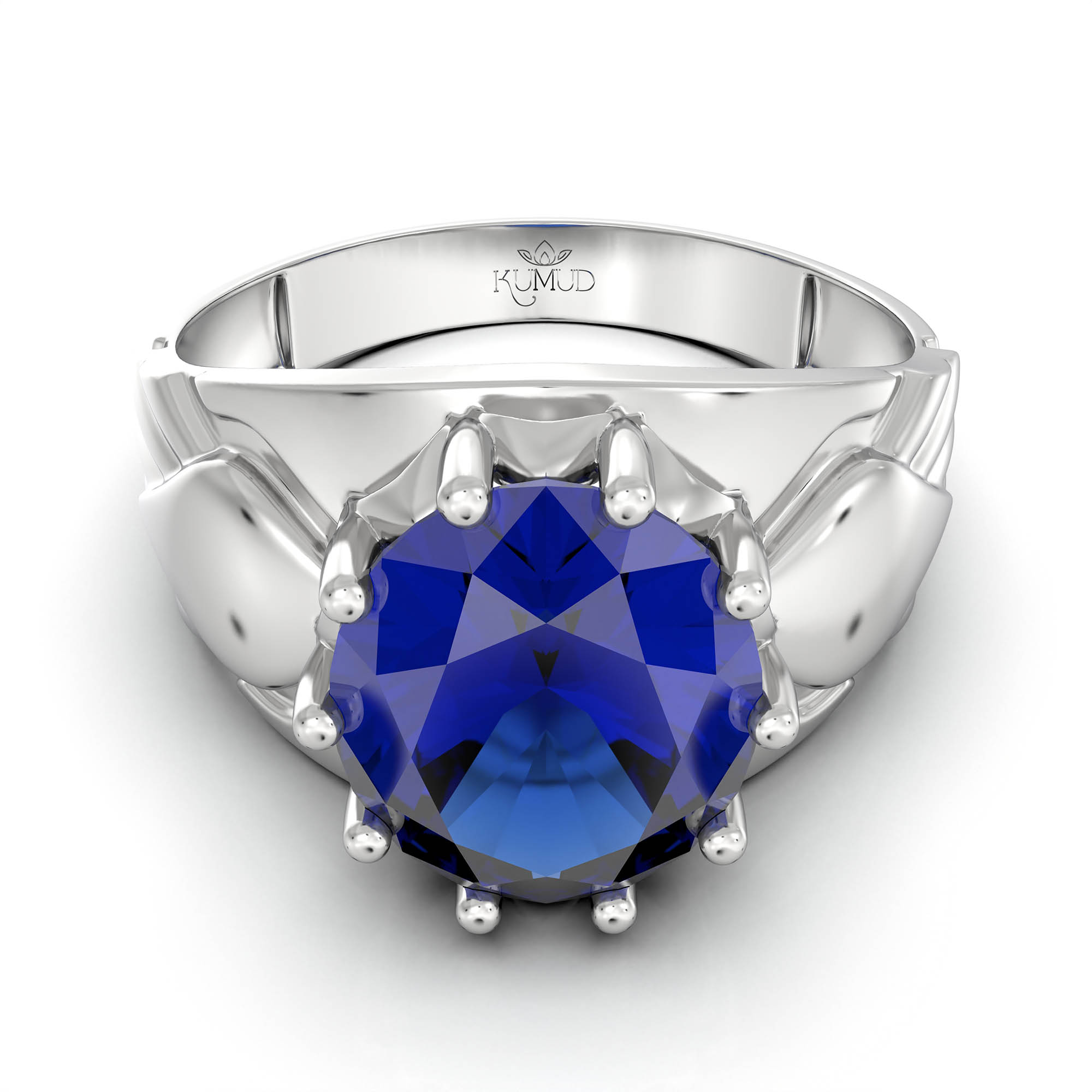 Blue Sapphire (Neelam) Ring for Men in 18K White Gold – Oval 11x9 mm, Prong Setting, 4 g (Design KF-17) thumbnail