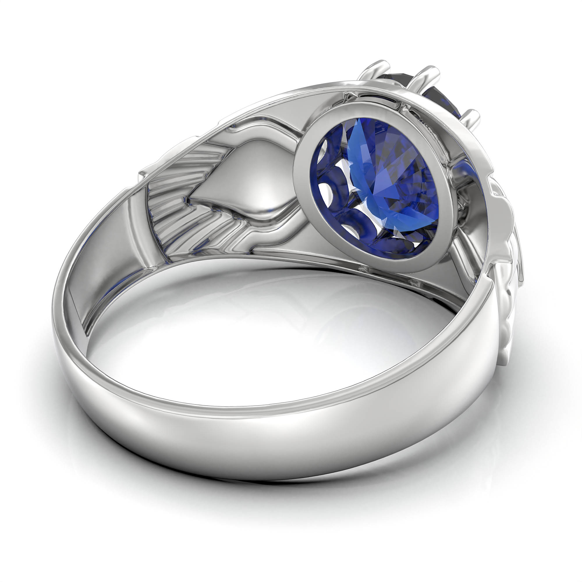 Blue Sapphire (Neelam) Ring for Men in 18K White Gold – Oval 11x9 mm, Prong Setting, 4 g (Design KF-17) thumbnail