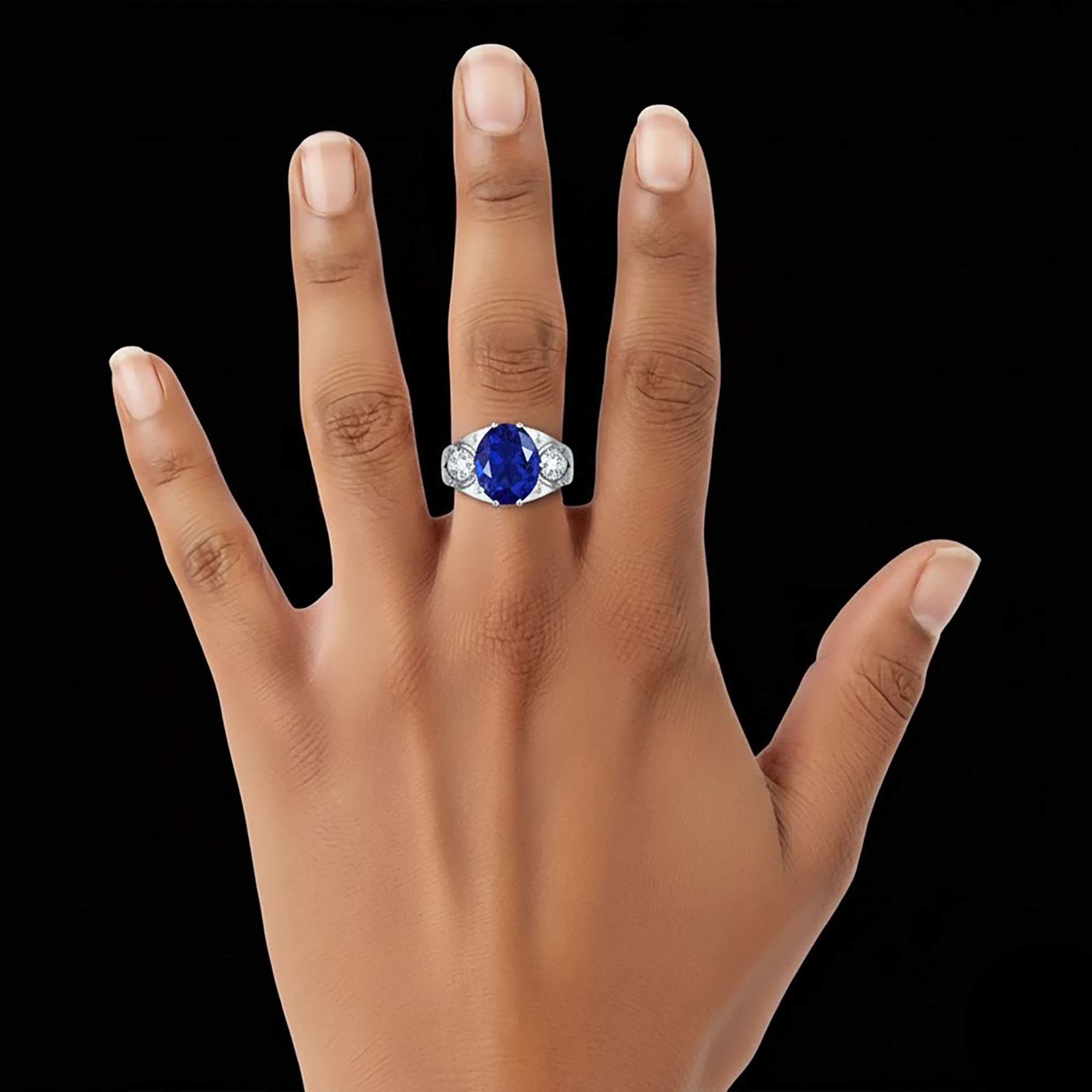 Blue Sapphire (Neelam) Ring for Men in 18K White Gold – Oval 11x9 mm, Prong Setting, 4 g (Design KF-17) thumbnail