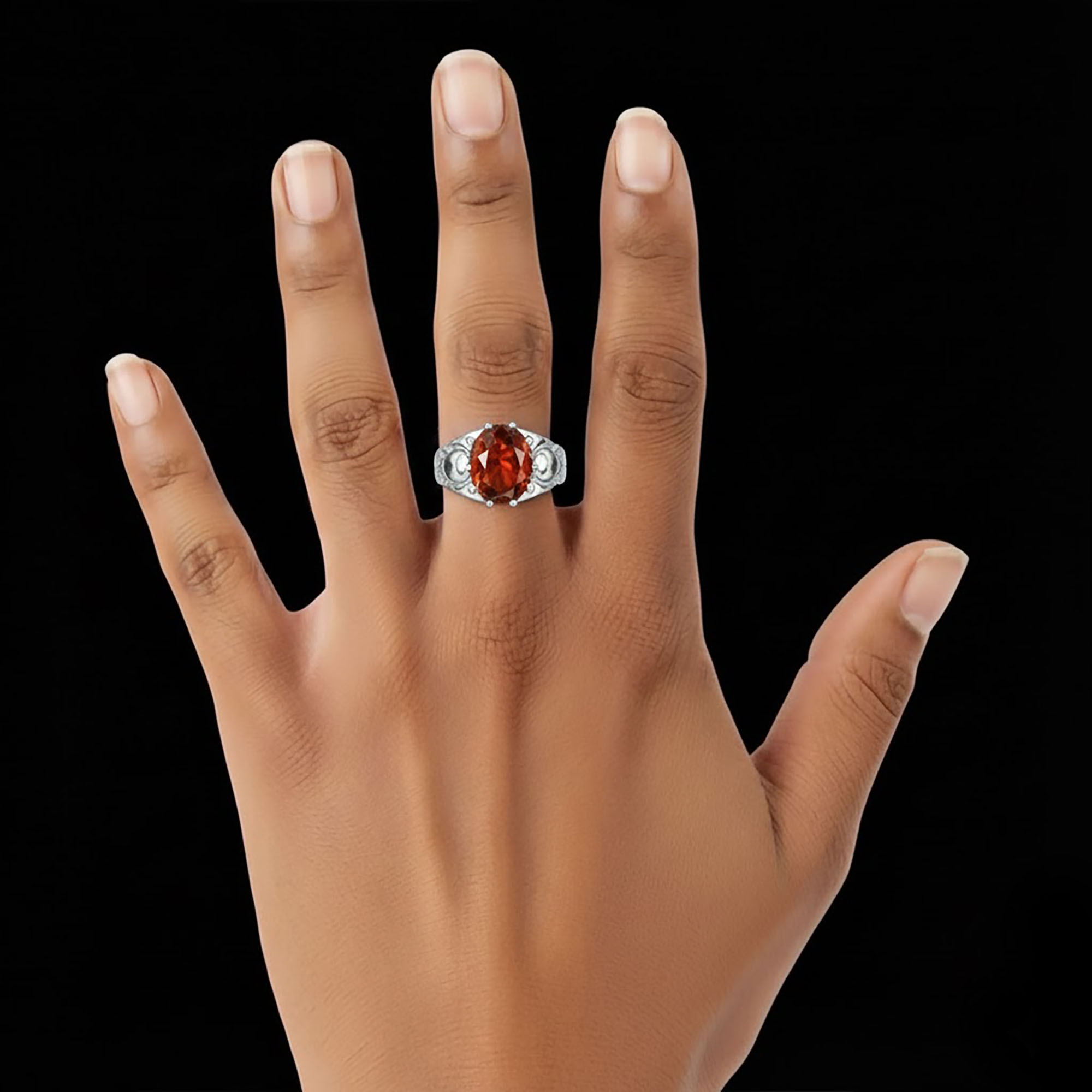 Hessonite (Gomed) Ring for Women in 925 Sterling Silver – Oval 11x9 mm, Prong Setting, 2.4 g (Design KF-17) thumbnail