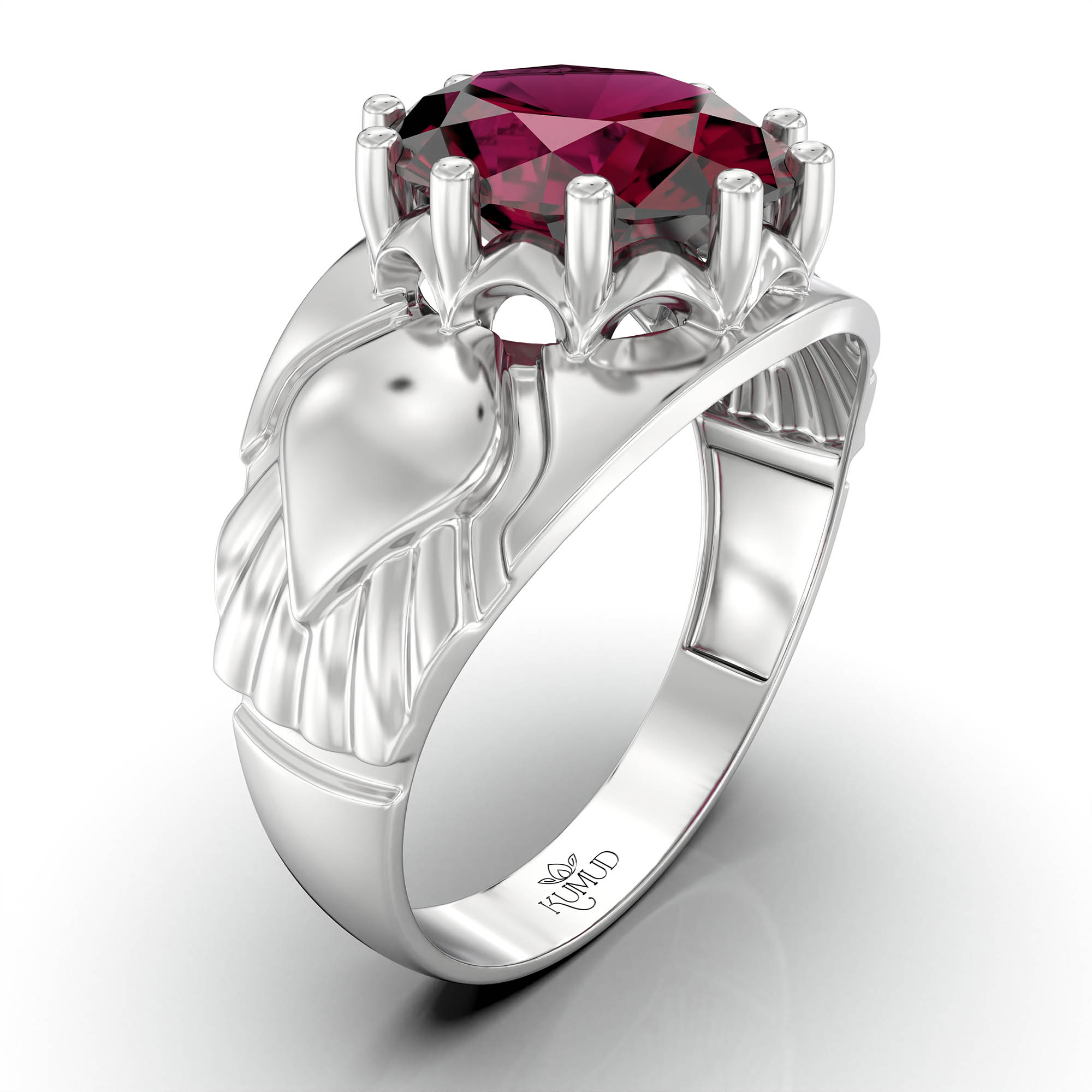 Ruby (Manik) Ring for Men in 18K White Gold – Oval 11x9 mm, Prong Setting, 4 g (Design KF-17) thumbnail