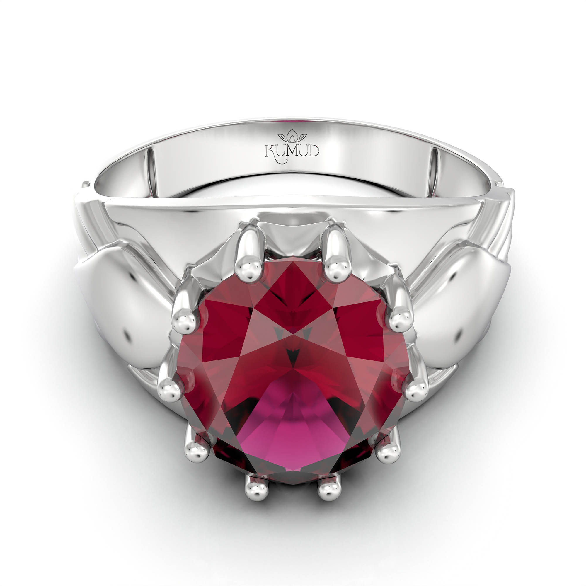 Ruby (Manik) Ring for Men in 18K White Gold – Oval 11x9 mm, Prong Setting, 4 g (Design KF-17) thumbnail