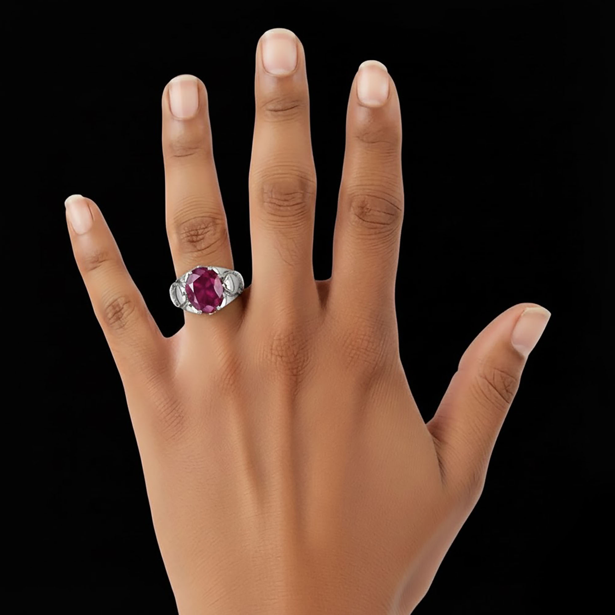 Ruby (Manik) Ring for Men in 18K White Gold – Oval 11x9 mm, Prong Setting, 4 g (Design KF-17) thumbnail