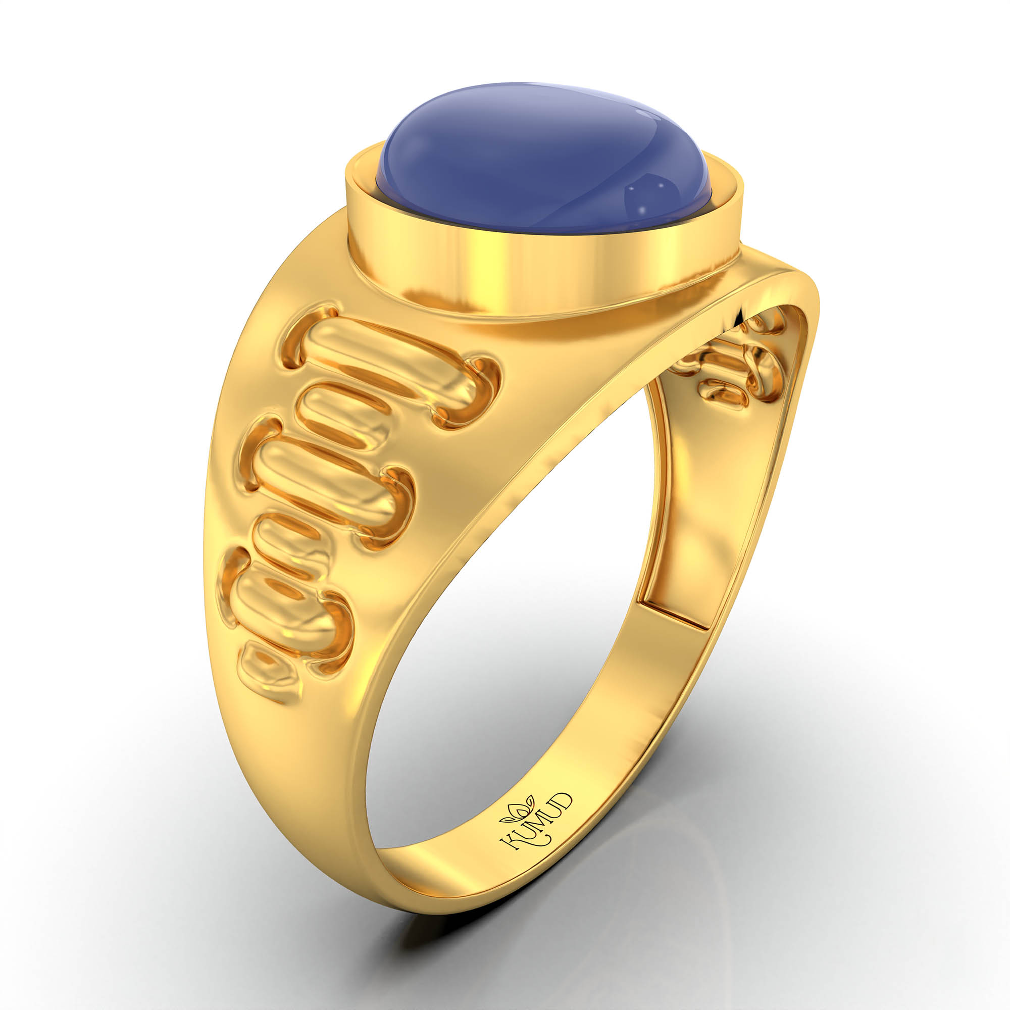 Blue Sapphire (Neelam) Ring for Men in 22K Yellow Gold – Oval Cabochon 9x8 mm, Bezel Setting, 4 g (Design KF-18) thumbnail