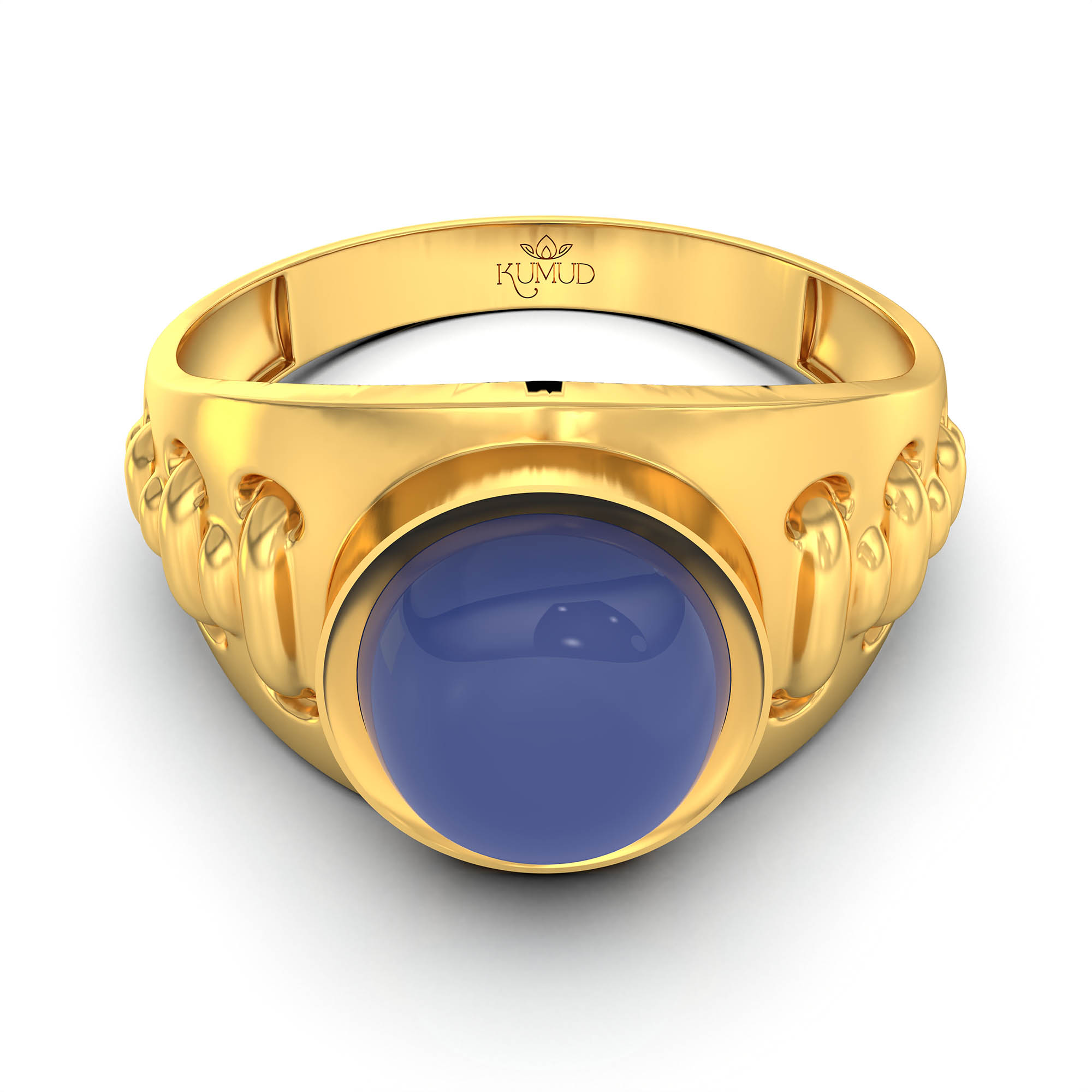 Blue Sapphire (Neelam) Ring for Men in 22K Yellow Gold – Oval Cabochon 9x8 mm, Bezel Setting, 4 g (Design KF-18) thumbnail