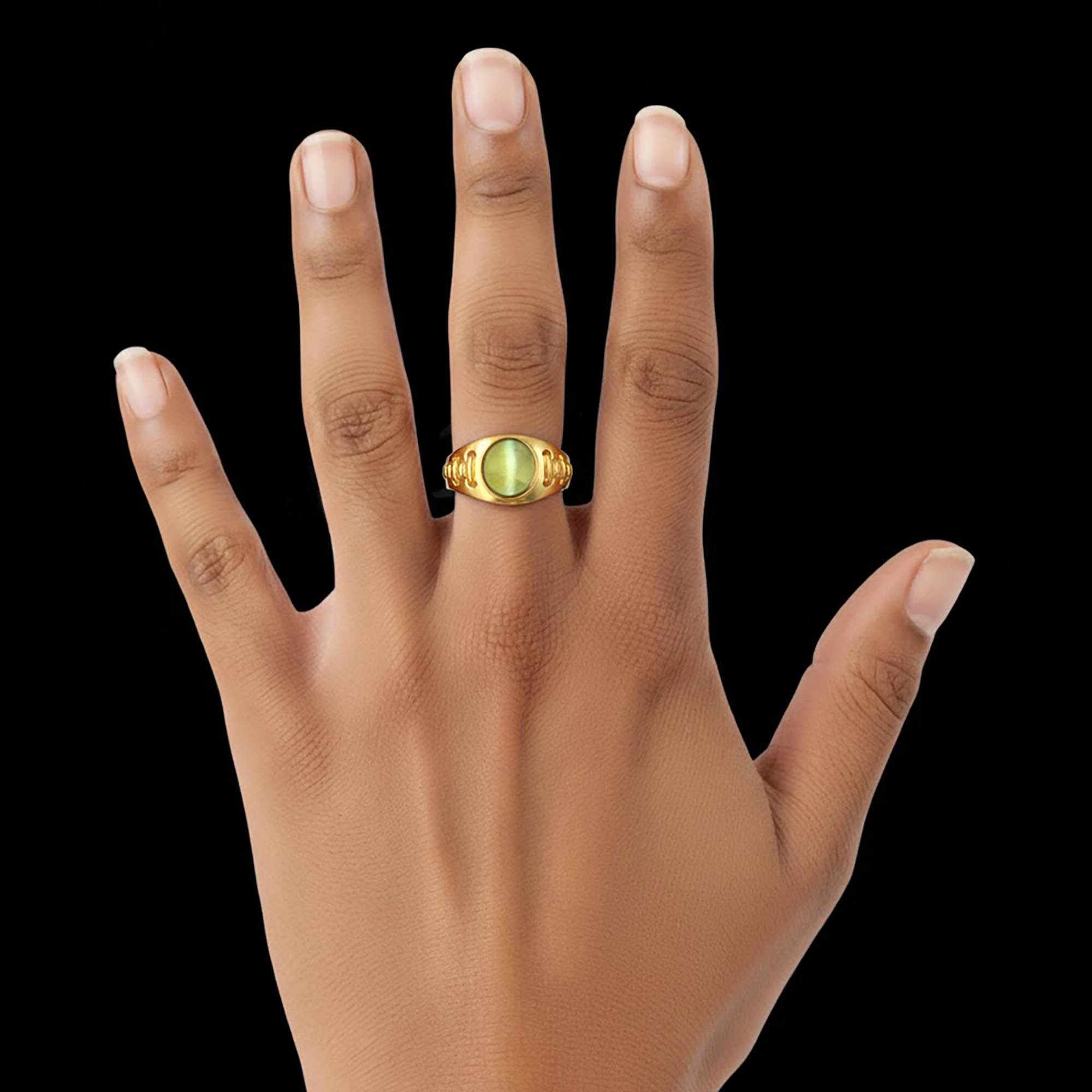 Cat's Eye (Lehsunia) Ring for Men in 22K Yellow Gold – Oval Cabochon 9x8 mm, Bezel Setting, 4 g (Design KF-18) thumbnail