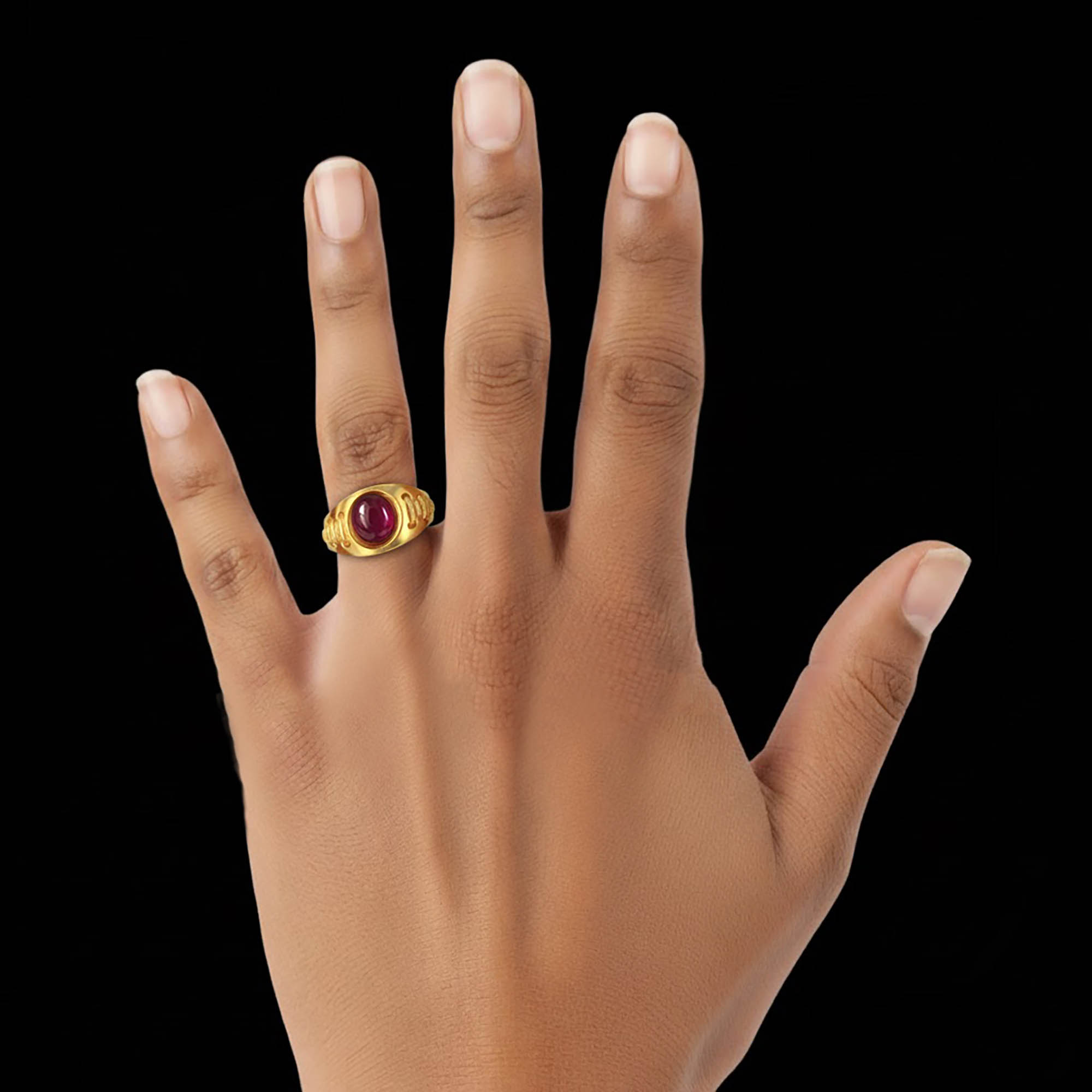 Ruby (Manik) Ring for Men in 22K Yellow Gold – Oval Cabochon 9x8 mm, Bezel Setting, 4 g (Design KF-18) thumbnail