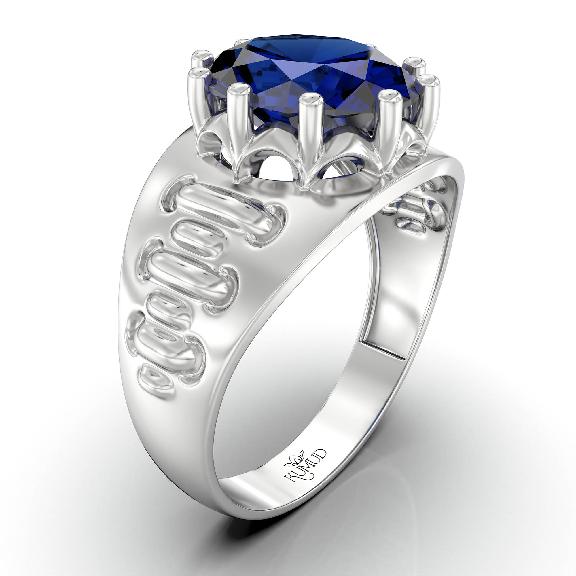 Blue Sapphire (Neelam) Ring for Men in 18K White Gold – Oval 11x9 mm, Prong Setting, 4 g (Design KF-18) thumbnail