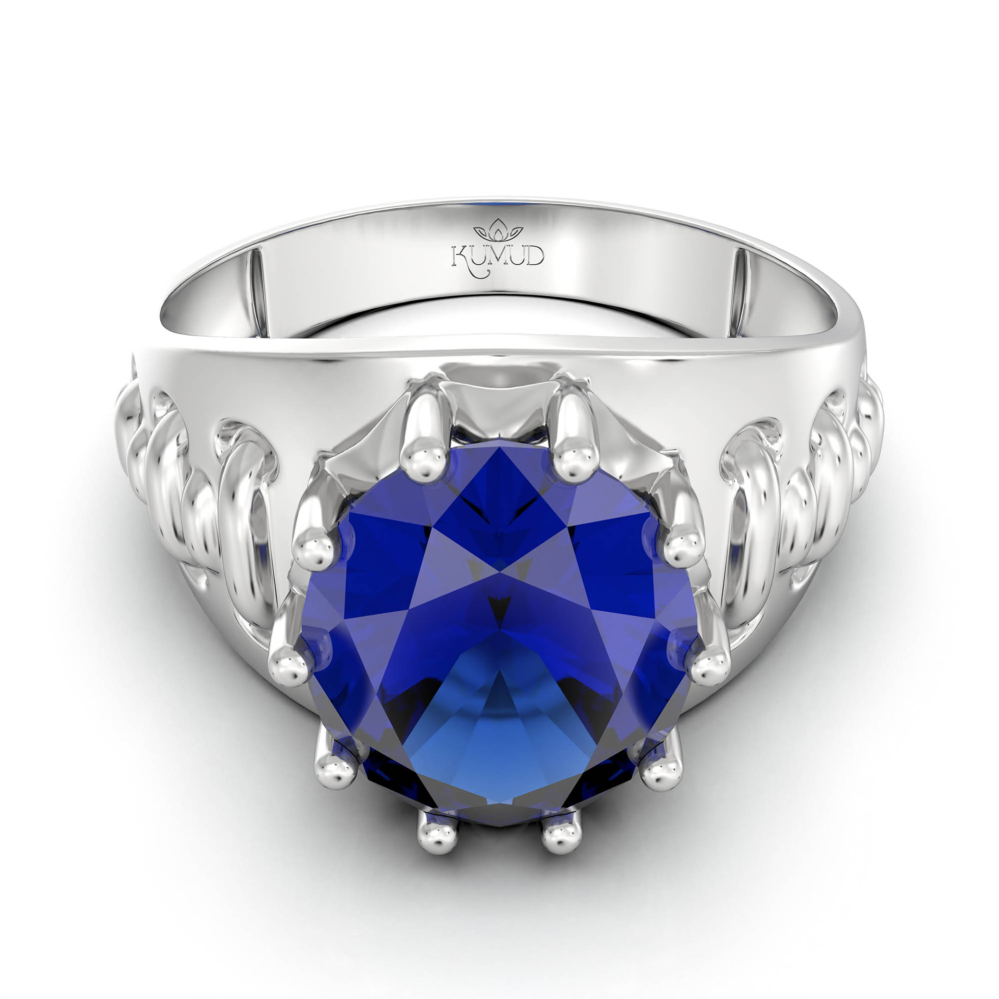 Blue Sapphire (Neelam) Ring for Men in 18K White Gold – Oval 11x9 mm, Prong Setting, 4 g (Design KF-18) thumbnail