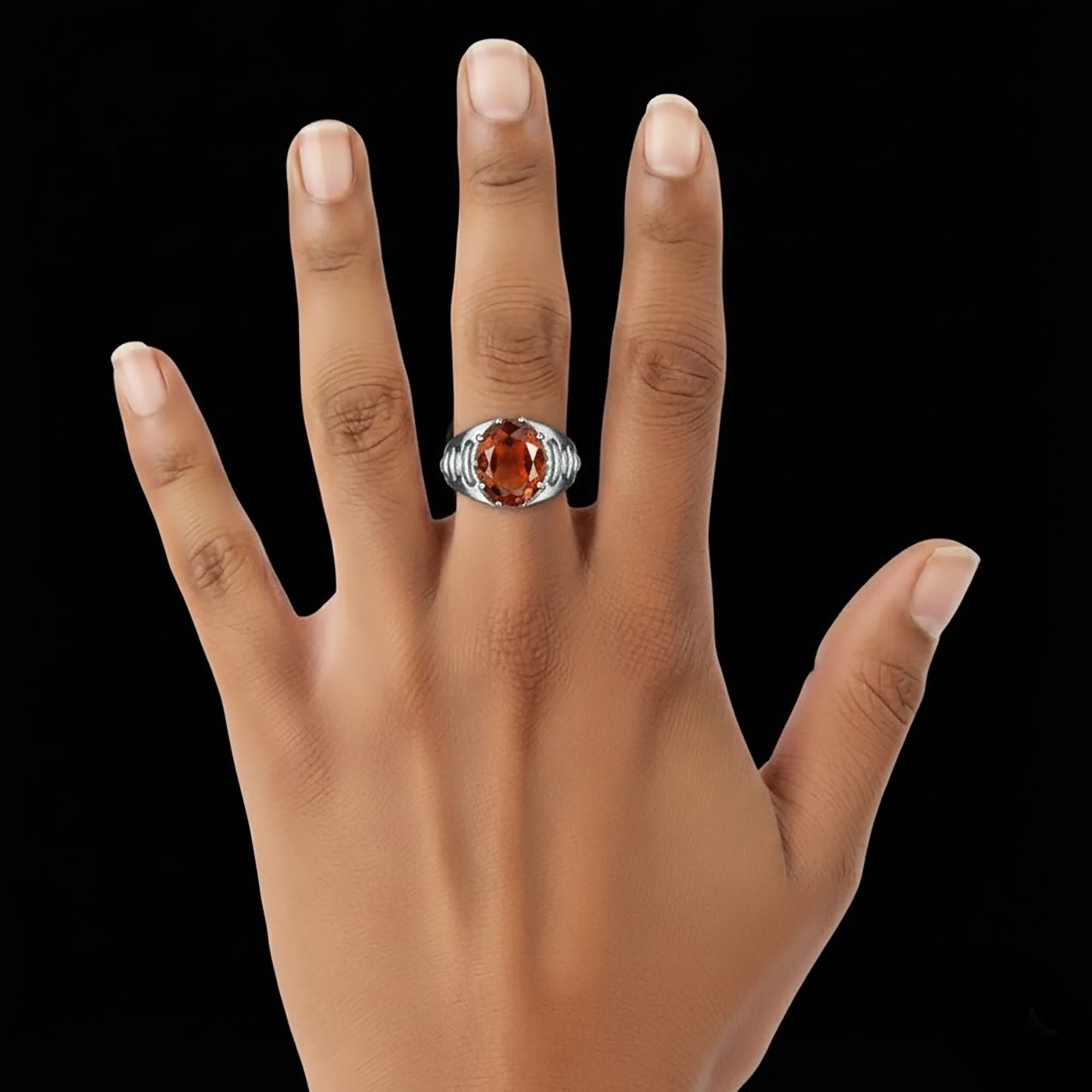 Hessonite (Gomed) Ring for Women in 925 Sterling Silver – Oval 11x9 mm, Prong Setting, 2.4 g (Design KF-18) thumbnail