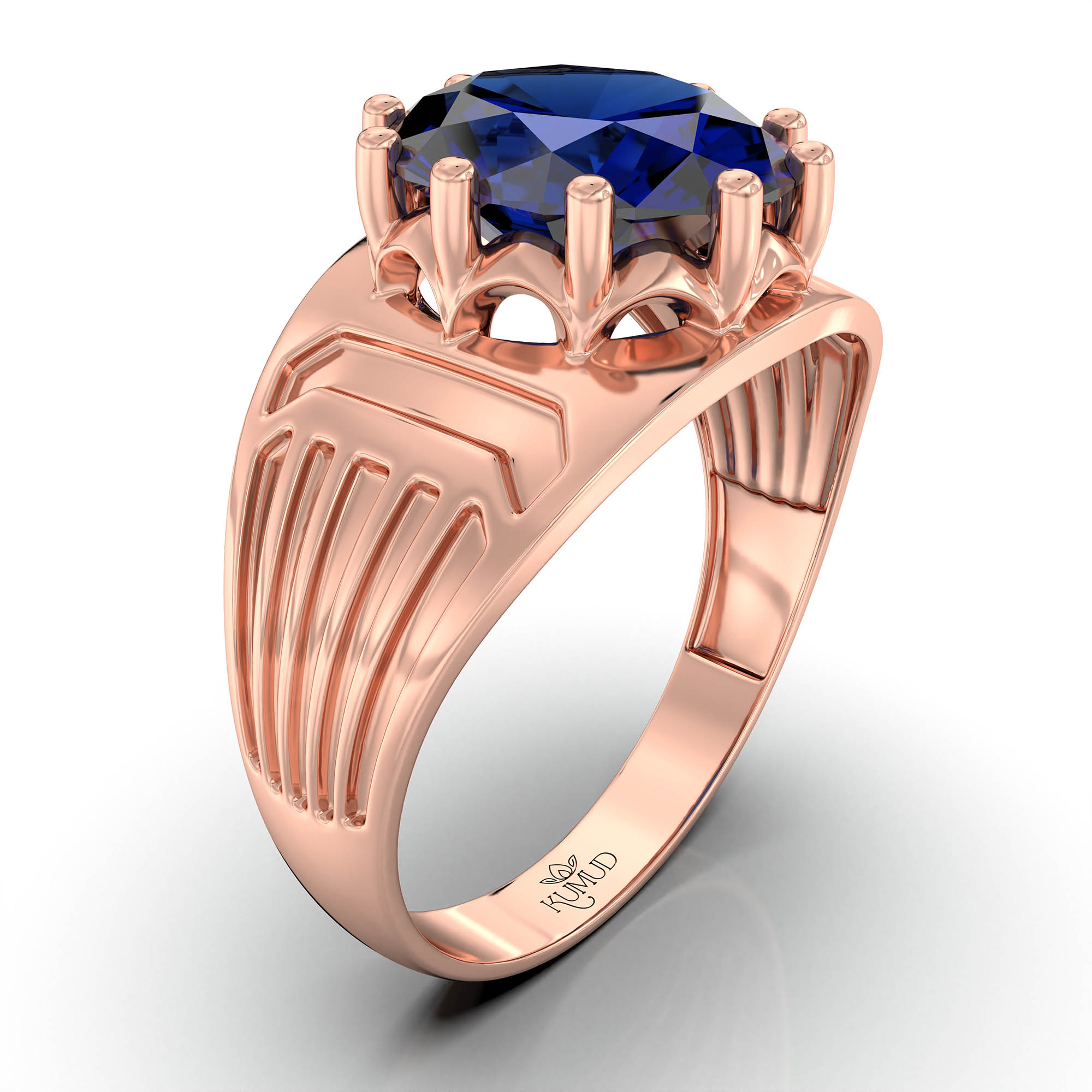 Blue Sapphire (Neelam) Ring for Men in 18K Rose Gold – Oval 11x9 mm, Prong Setting, 4 g (Design KF-19) thumbnail