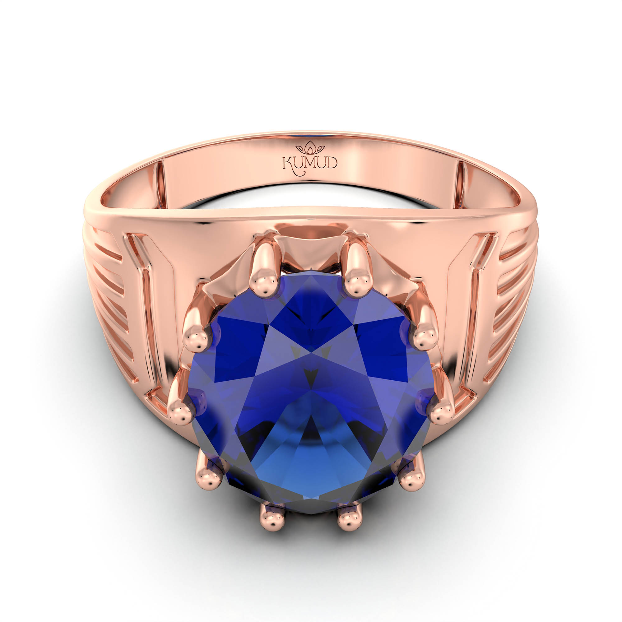 Blue Sapphire (Neelam) Ring for Men in 18K Rose Gold – Oval 11x9 mm, Prong Setting, 4 g (Design KF-19) thumbnail