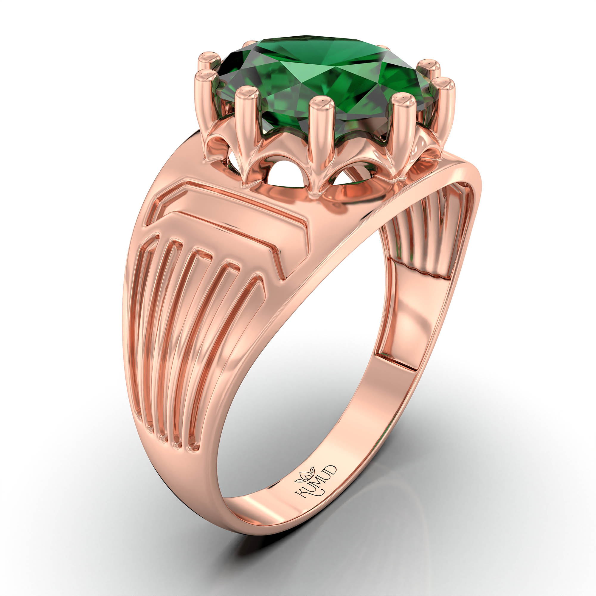 Emerald (Panna) Ring for Men in 18K Rose Gold – Oval 11x9 mm, Prong Setting, 4 g (Design KF-19) thumbnail
