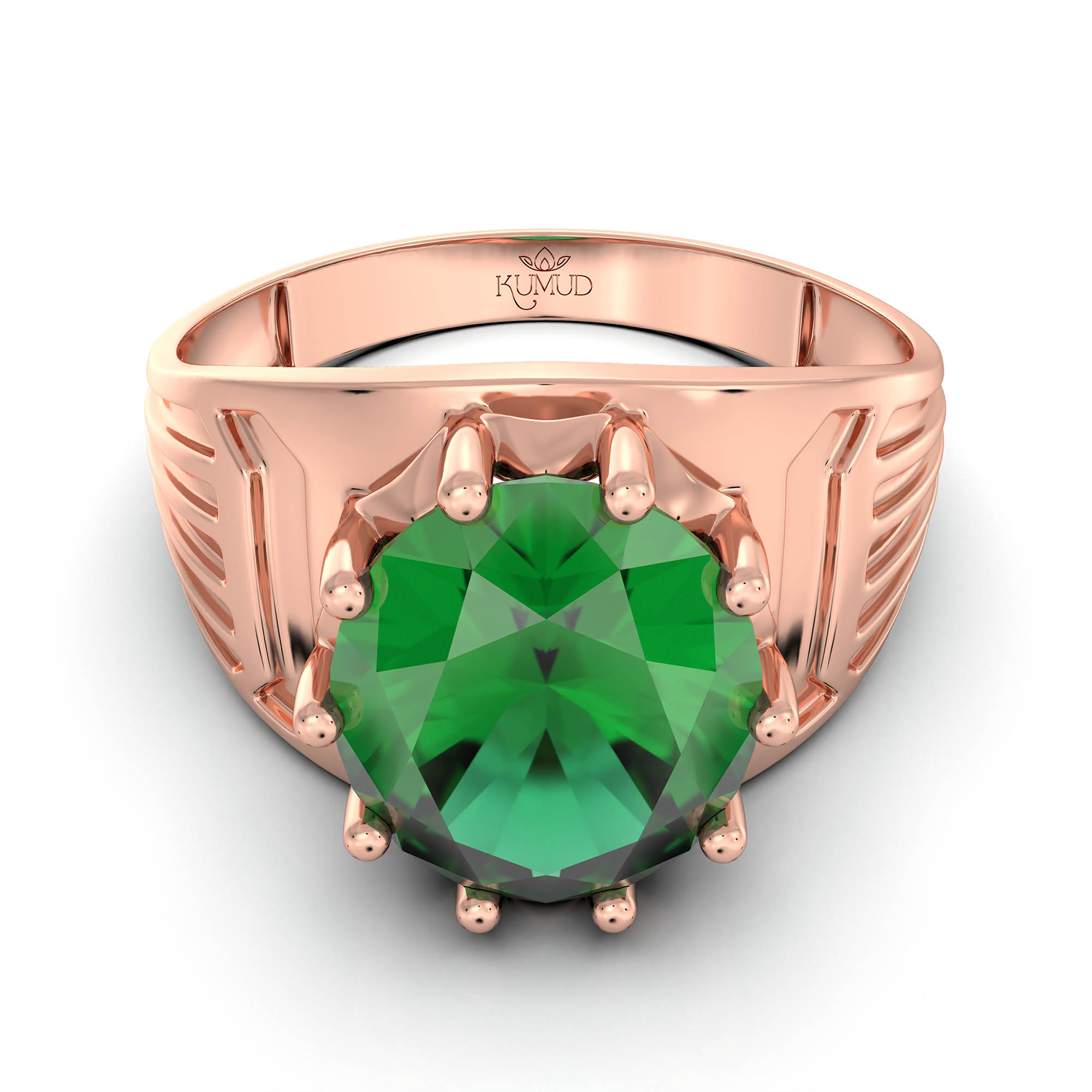Emerald (Panna) Ring for Men in 18K Rose Gold – Oval 11x9 mm, Prong Setting, 4 g (Design KF-19) thumbnail