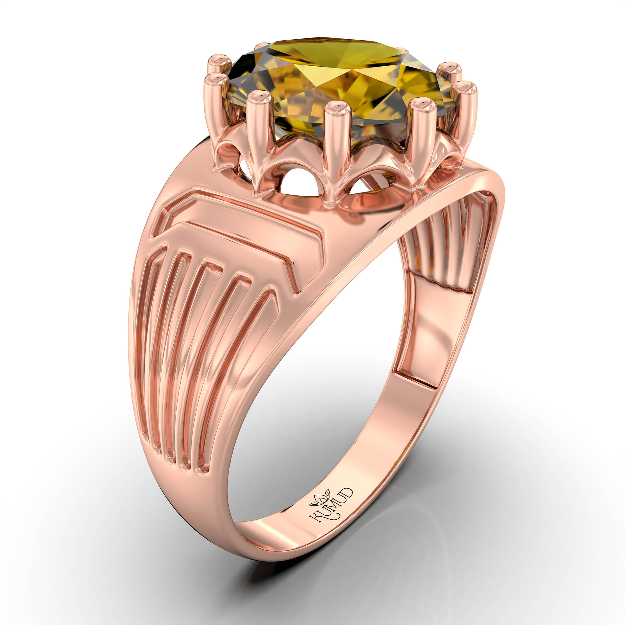 Yellow Sapphire (Pukhraj) Ring for Men in 18K Rose Gold – Oval 11x9 mm, Prong Setting, 4 g (Design KF-19) thumbnail