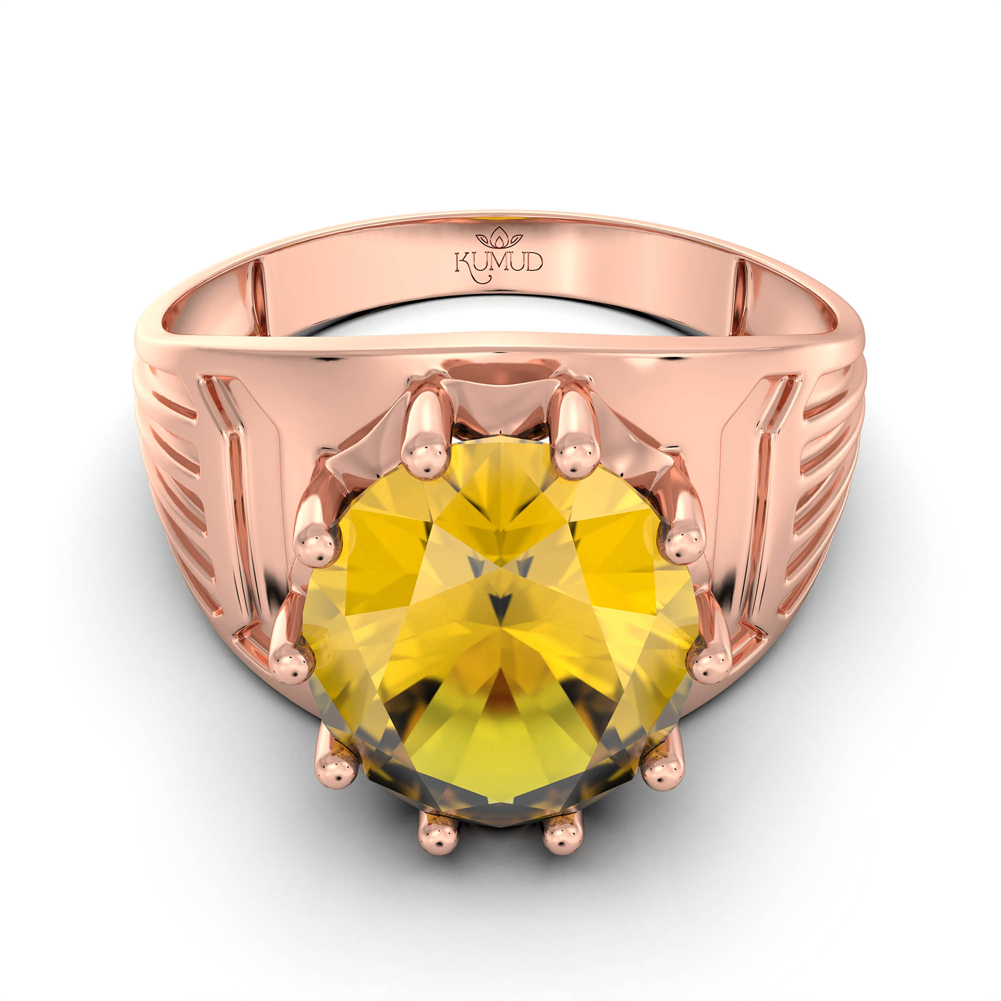 Yellow Sapphire (Pukhraj) Ring for Men in 18K Rose Gold – Oval 11x9 mm, Prong Setting, 4 g (Design KF-19) thumbnail