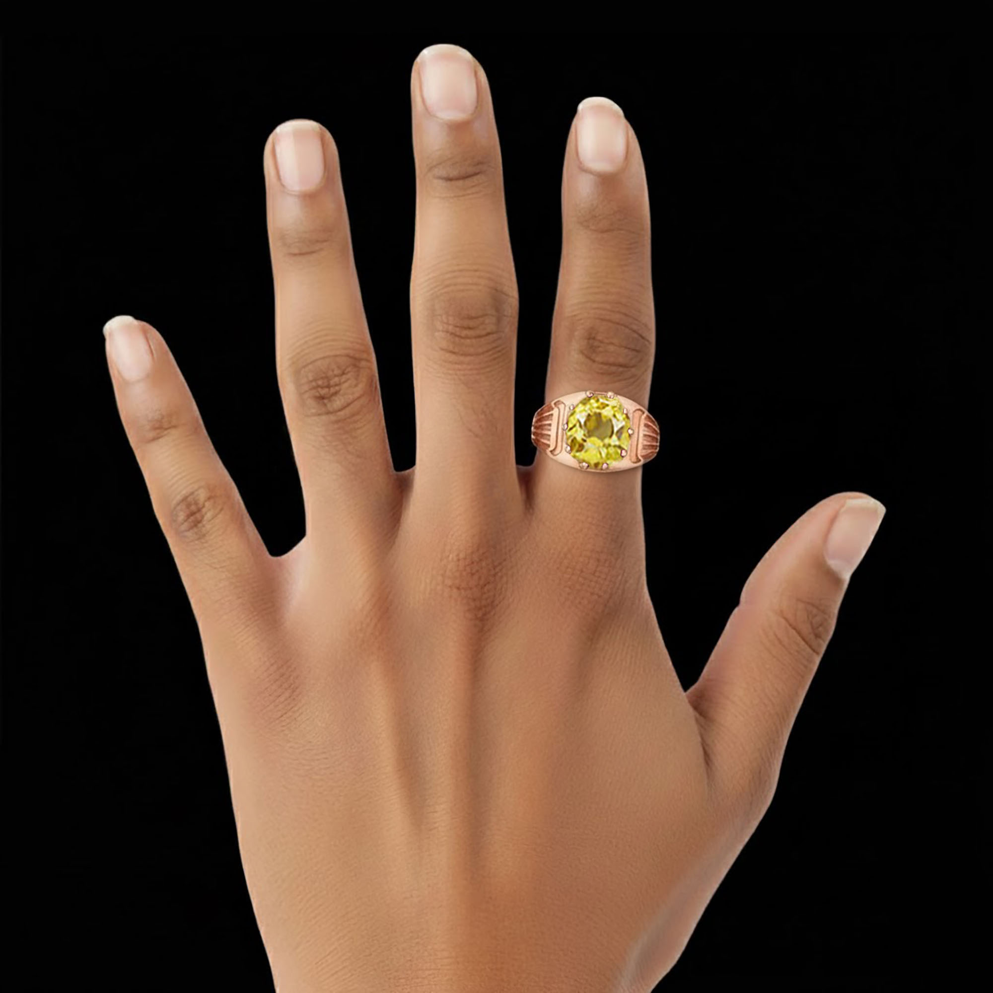 Yellow Sapphire (Pukhraj) Ring for Men in 18K Rose Gold – Oval 11x9 mm, Prong Setting, 4 g (Design KF-19) thumbnail