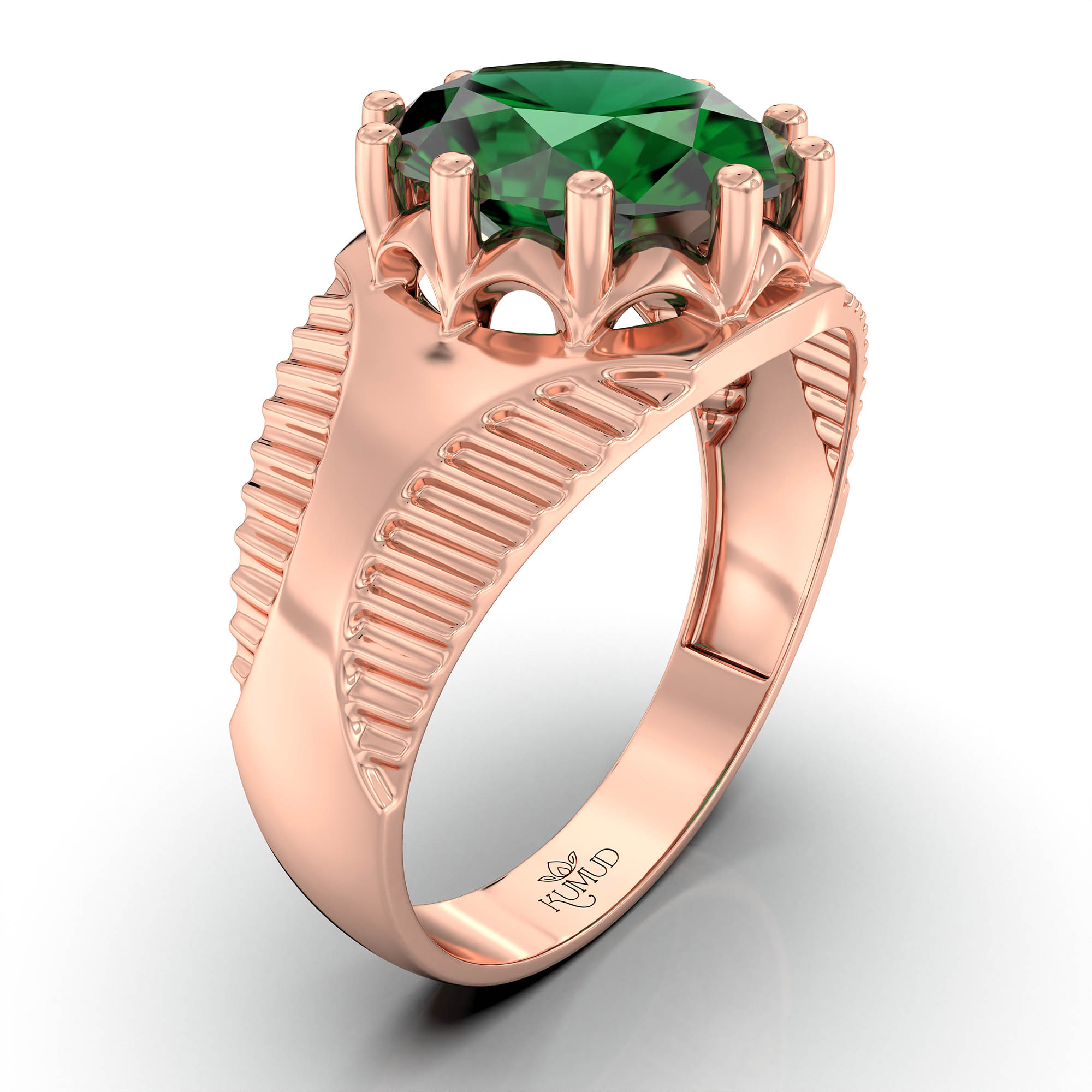 Emerald (Panna) Ring for Men in 18K Rose Gold – Oval 11x9 mm, Prong Setting, 4 g (Design KF-20) thumbnail