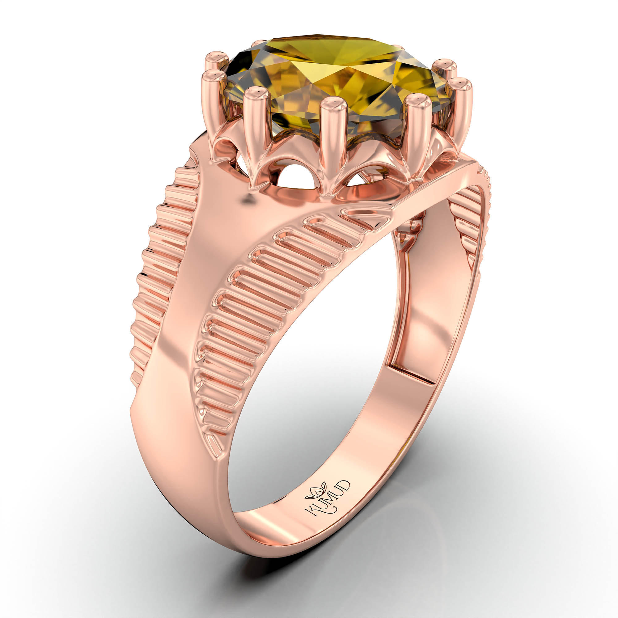 Yellow Sapphire (Pukhraj) Ring for Men in 18K Rose Gold – Oval 11x9 mm, Prong Setting, 4 g (Design KF-20) thumbnail