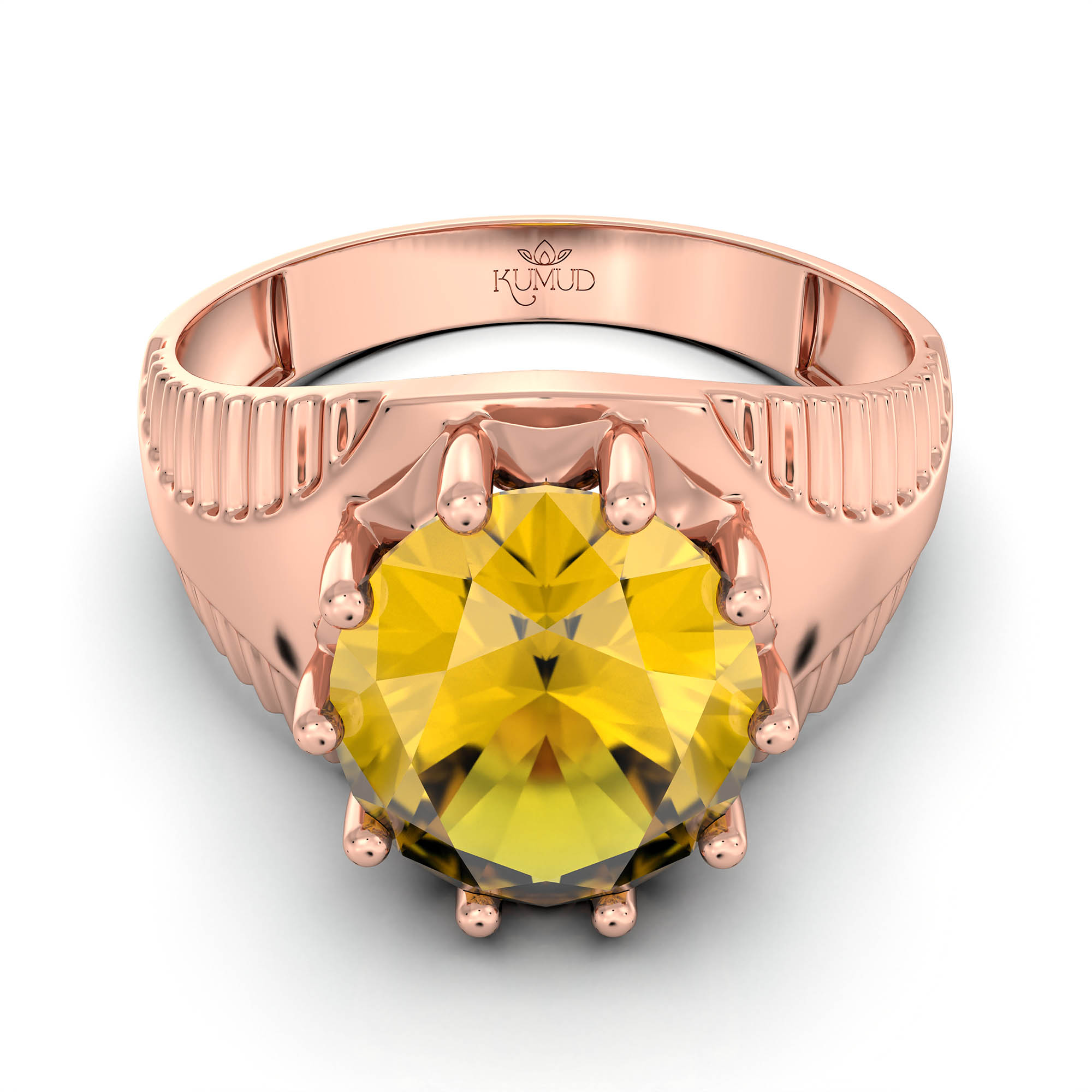 Yellow Sapphire (Pukhraj) Ring for Men in 18K Rose Gold – Oval 11x9 mm, Prong Setting, 4 g (Design KF-20) thumbnail