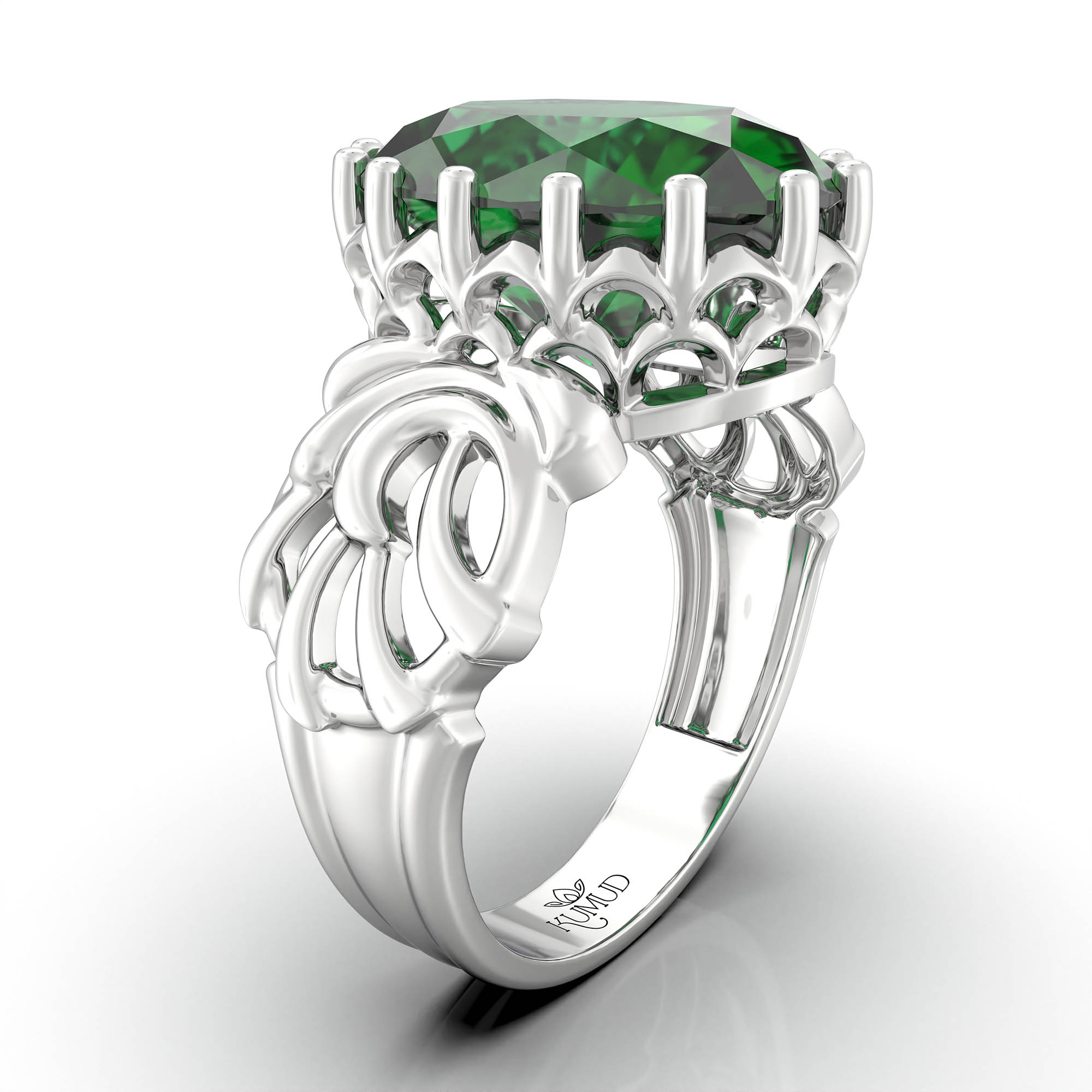 Emerald (Panna) Antique Ring for Women in 18K White Gold – Oval 13x10 mm, Prong Setting, 4 g (Design KA-1) thumbnail