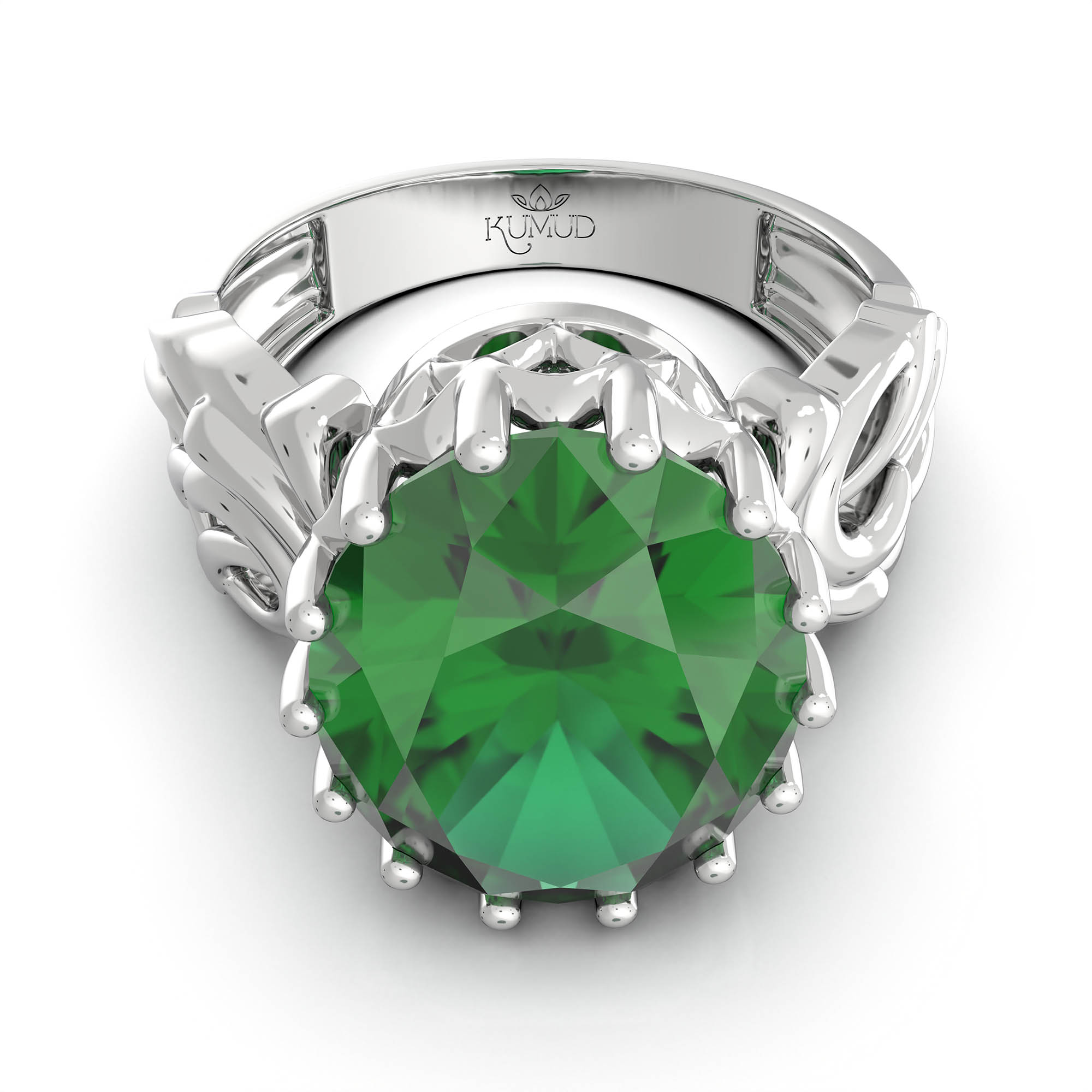 Emerald (Panna) Antique Ring for Women in 18K White Gold – Oval 13x10 mm, Prong Setting, 4 g (Design KA-1) thumbnail