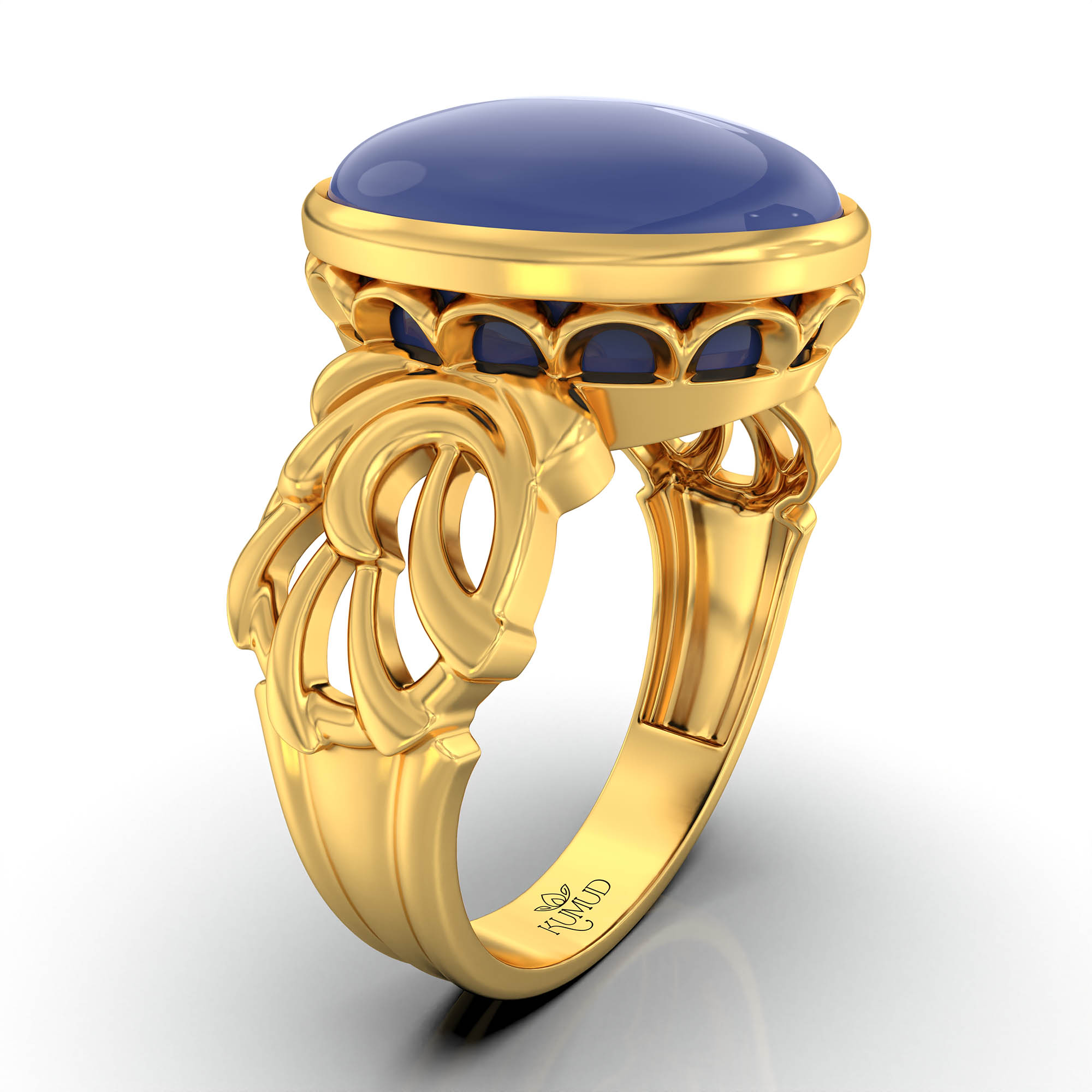 Blue Sapphire (Neelam) Antique Ring for Women in 22K Yellow Gold – Oval Cabochon 13x10 mm, Bezel Setting, 4 g (Design KA-1) thumbnail