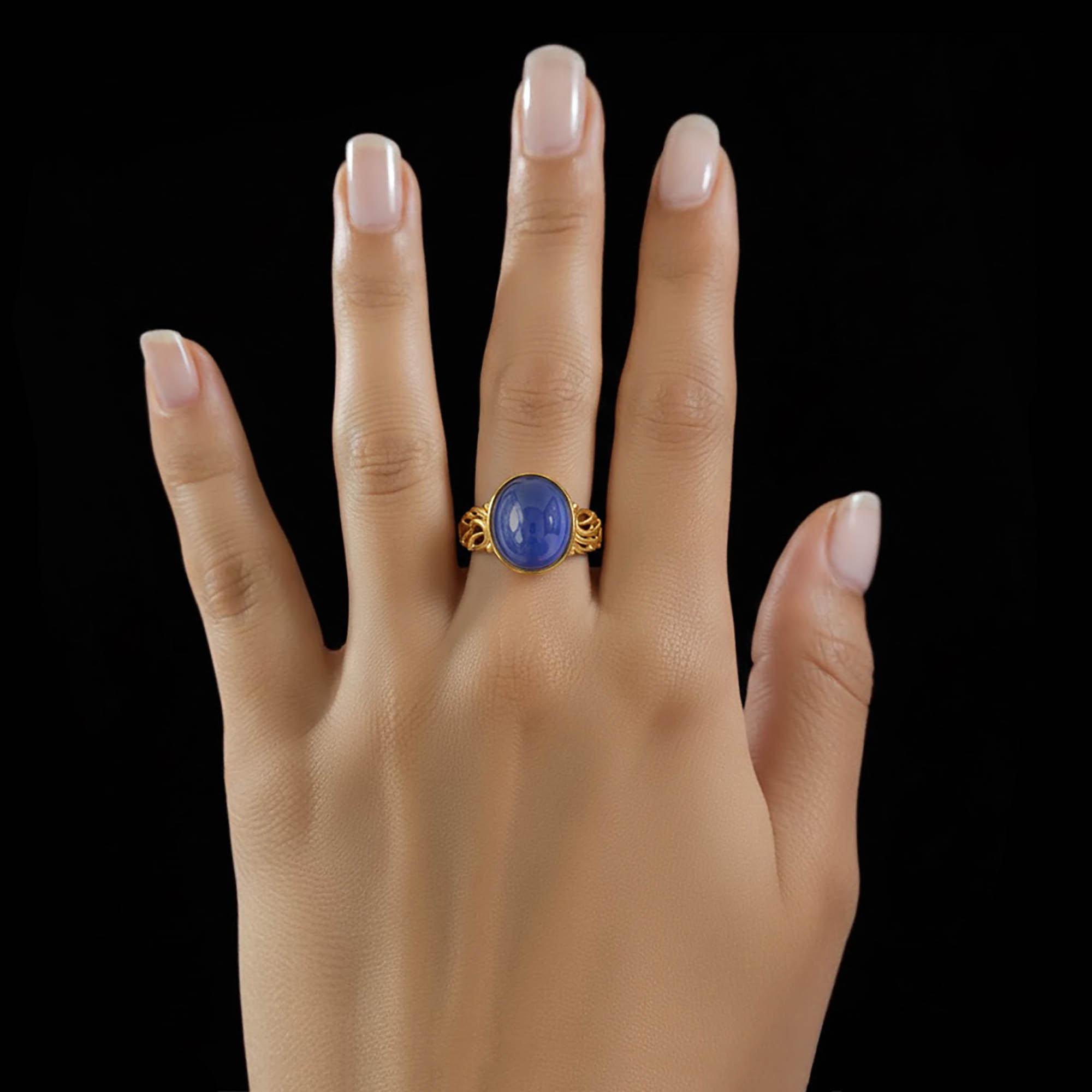 Blue Sapphire (Neelam) Antique Ring for Women in 22K Yellow Gold – Oval Cabochon 13x10 mm, Bezel Setting, 4 g (Design KA-1) thumbnail