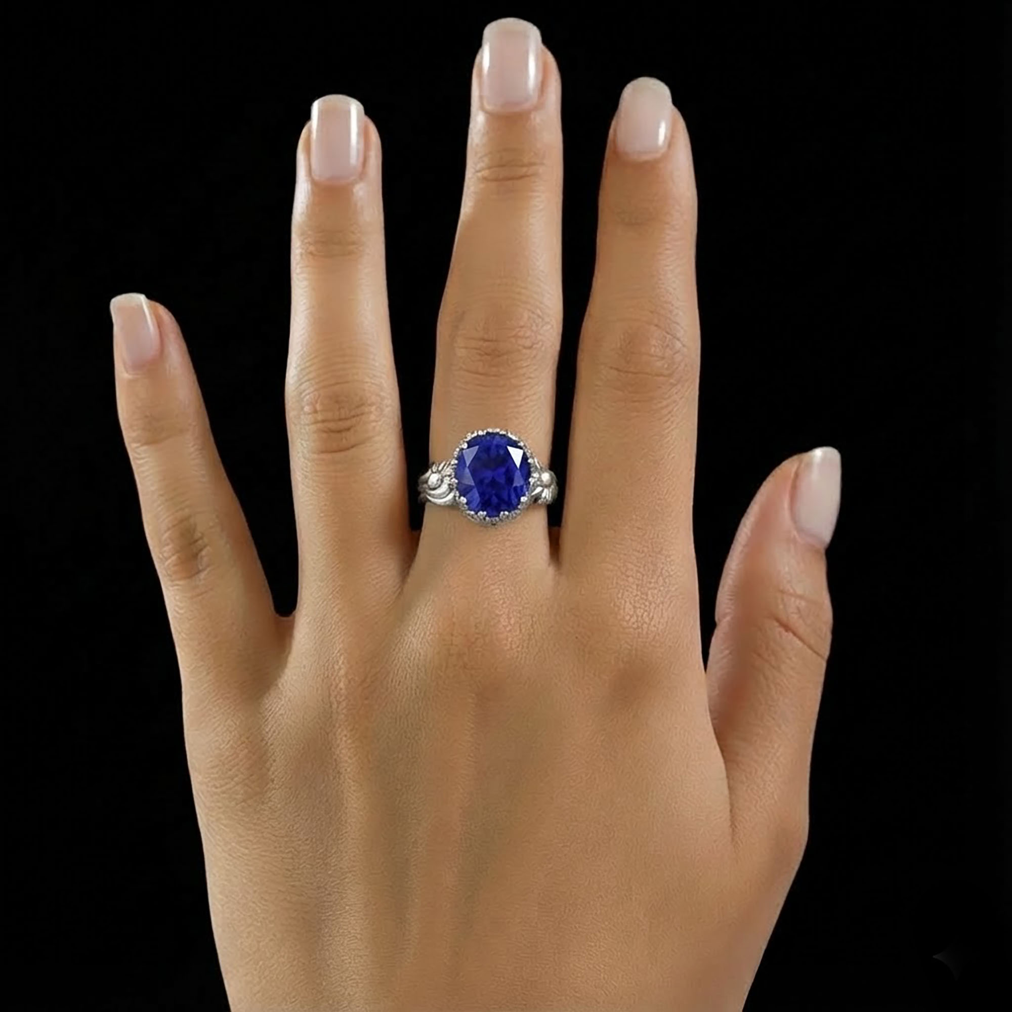 Blue Sapphire (Neelam) Ring for Women in 925 Sterling Silver – Oval 13x10 mm, Prong Setting, 2.4 g (Design KA-2) thumbnail