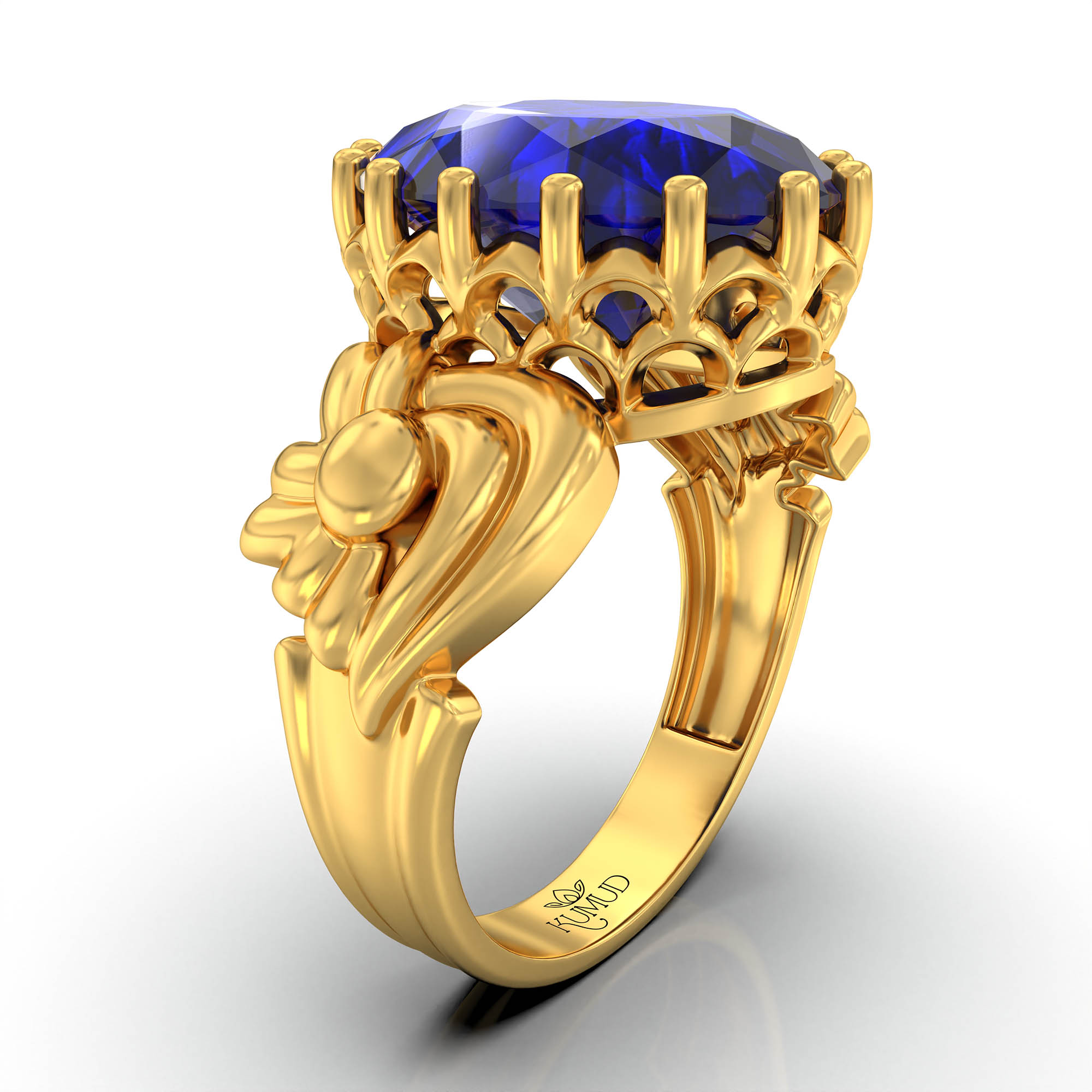 Blue Sapphire (Neelam) Antique Ring for Women in 22K Yellow Gold – Oval 13x10 mm, Prong Setting, 4 g (Design KA-2) thumbnail