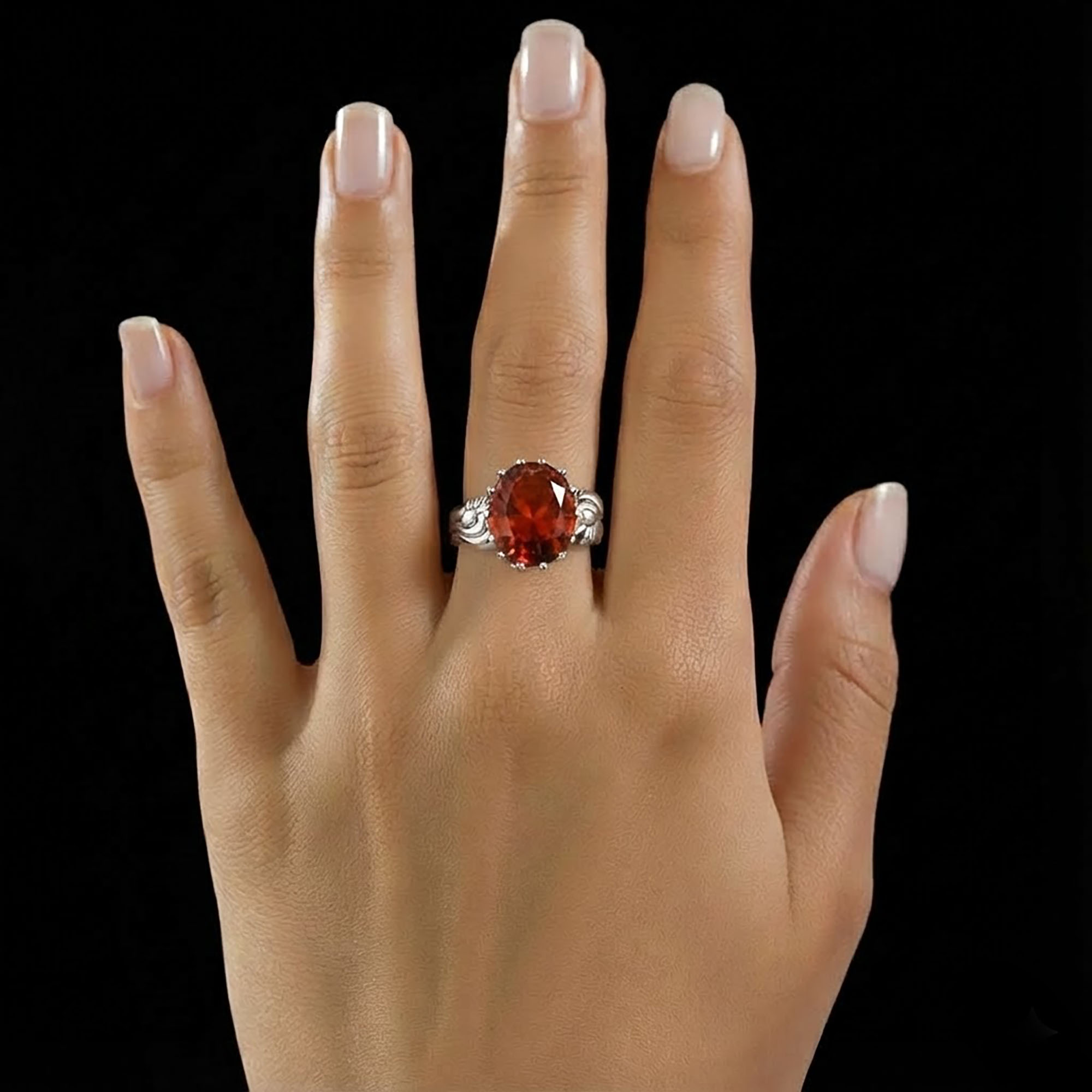 Hessonite (Gomed) Ring for Women in 925 Sterling Silver – Oval 13x10 mm, Prong Setting, 2.4 g (Design KA-2) thumbnail