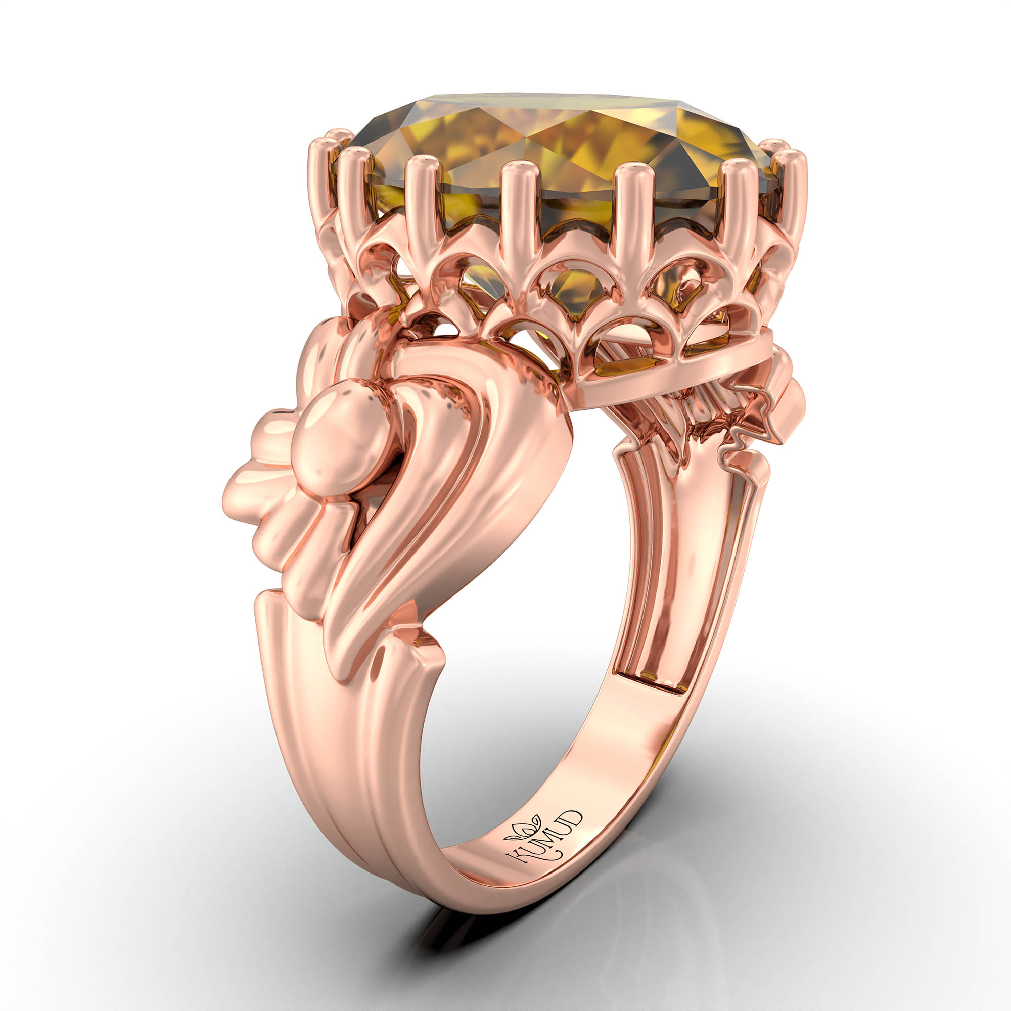 Yellow Sapphire (Pukhraj) Antique Ring for Women in 18K Rose Gold – Oval 13x10 mm, Prong Setting, 4 g (Design KA-2) thumbnail