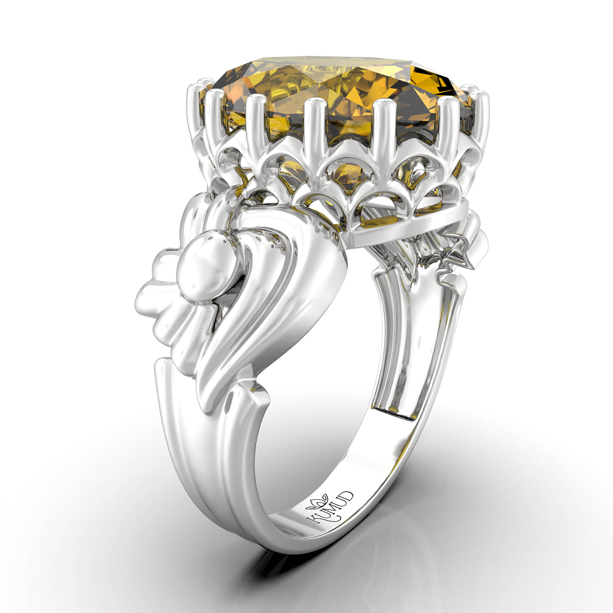 Yellow Sapphire (Pukhraj) Antique Ring for Women in 18K White Gold – Oval 13x10 mm, Prong Setting, 4 g (Design KA-2) thumbnail
