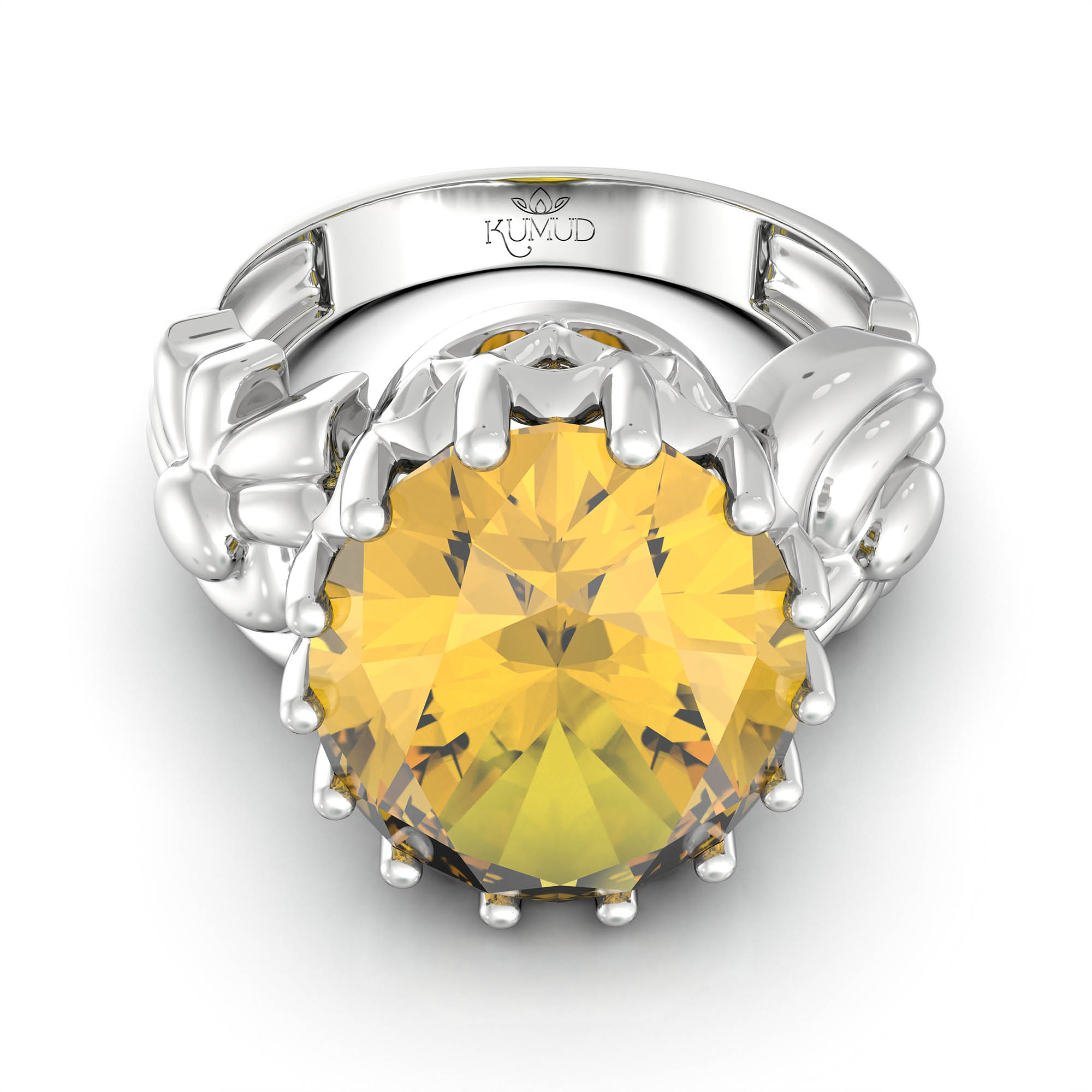 Yellow Sapphire (Pukhraj) Antique Ring for Women in 18K White Gold – Oval 13x10 mm, Prong Setting, 4 g (Design KA-2) thumbnail