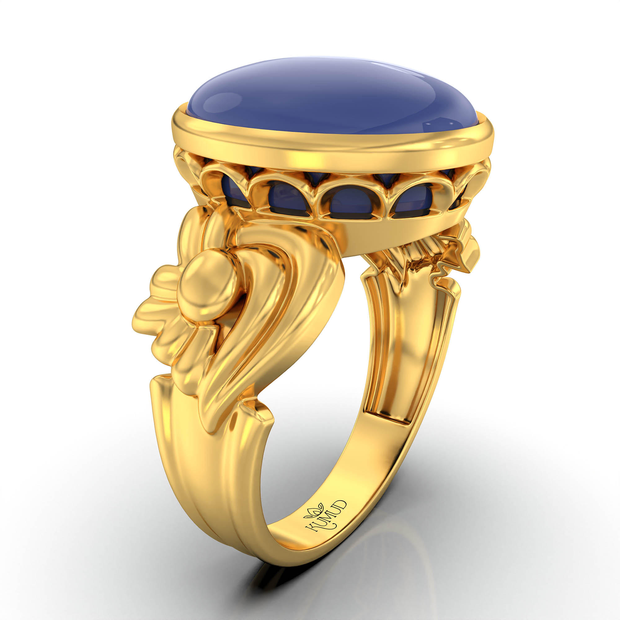 Blue Sapphire (Neelam) Antique Ring for Women in 22K Yellow Gold – Oval Cabochon 13x10 mm, Bezel Setting, 4 g (Design KA-2) thumbnail