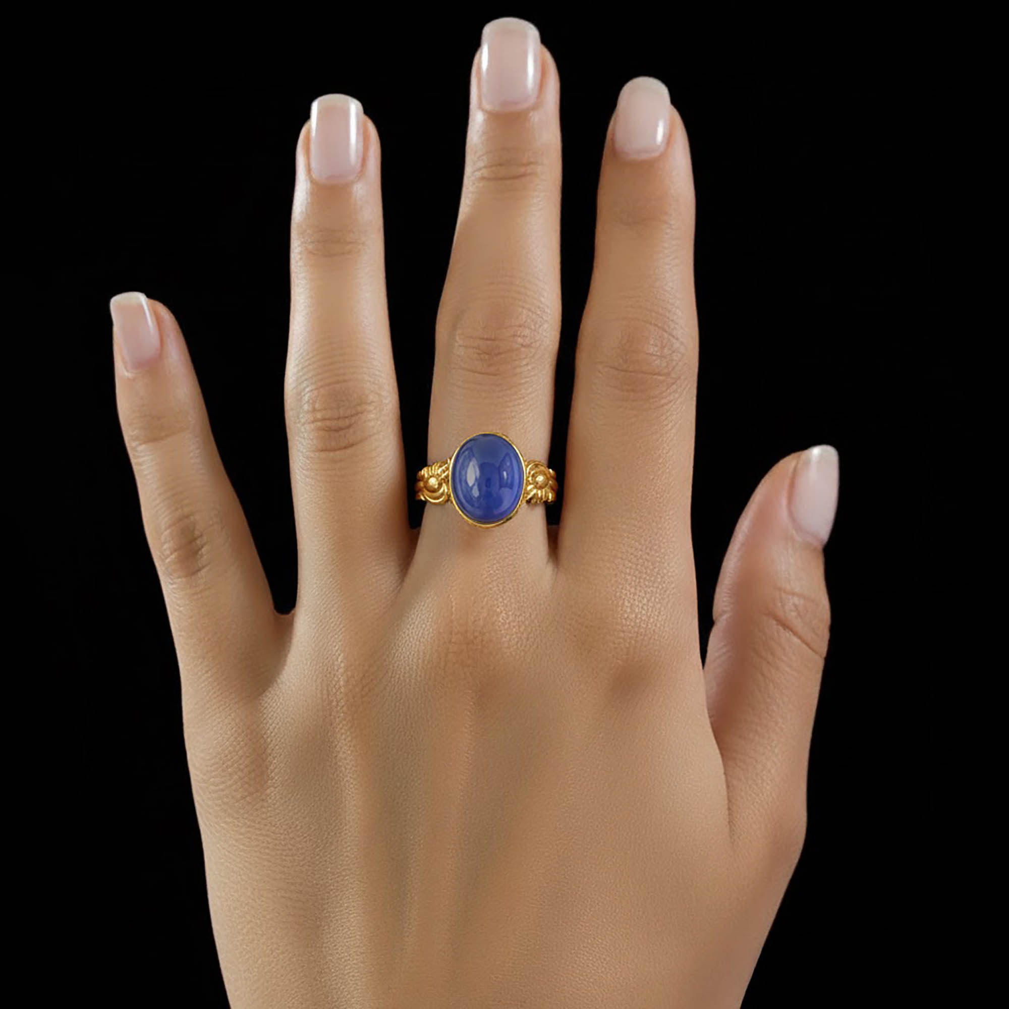 Blue Sapphire (Neelam) Antique Ring for Women in 22K Yellow Gold – Oval Cabochon 13x10 mm, Bezel Setting, 4 g (Design KA-2) thumbnail
