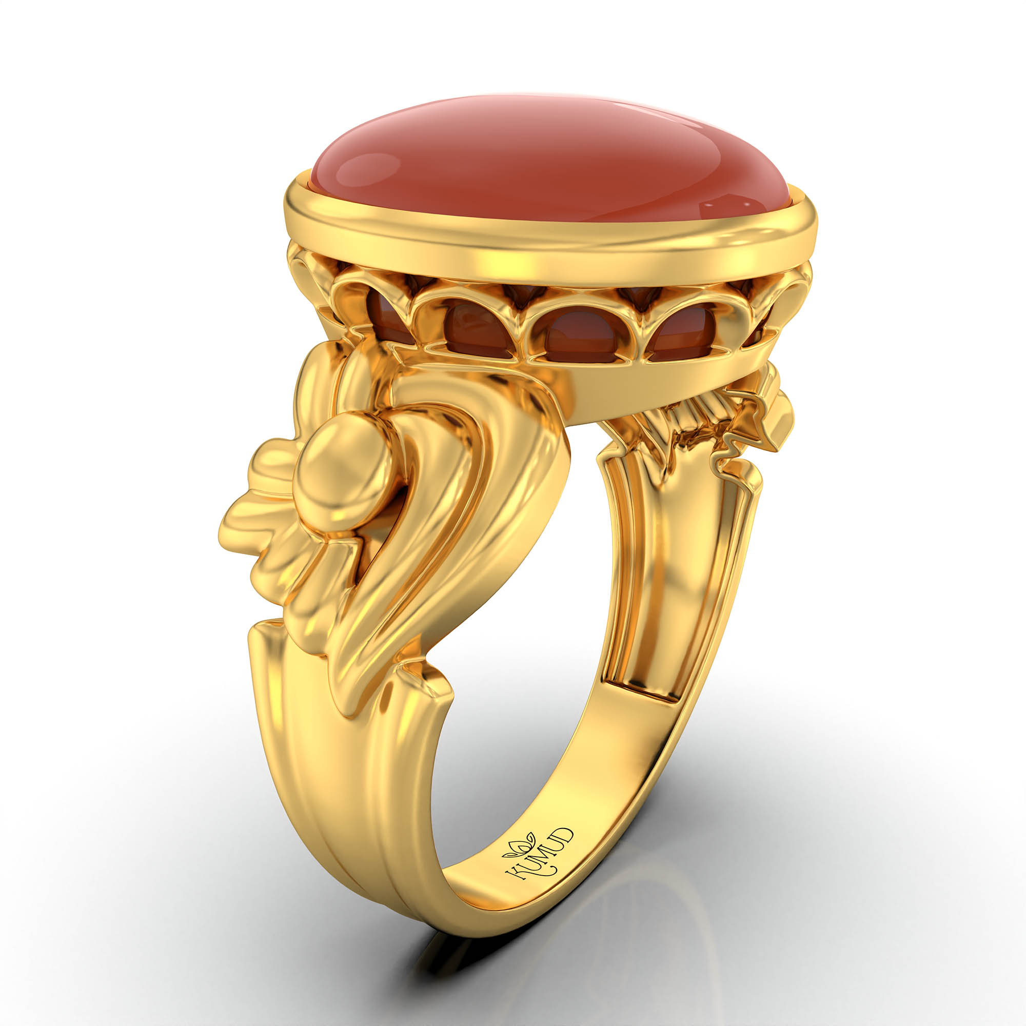 Red Coral (Moonga) Antique Ring for Women in 22K Yellow Gold – Oval Cabochon 13x10 mm, Bezel Setting, 4 g (Design KA-2) thumbnail