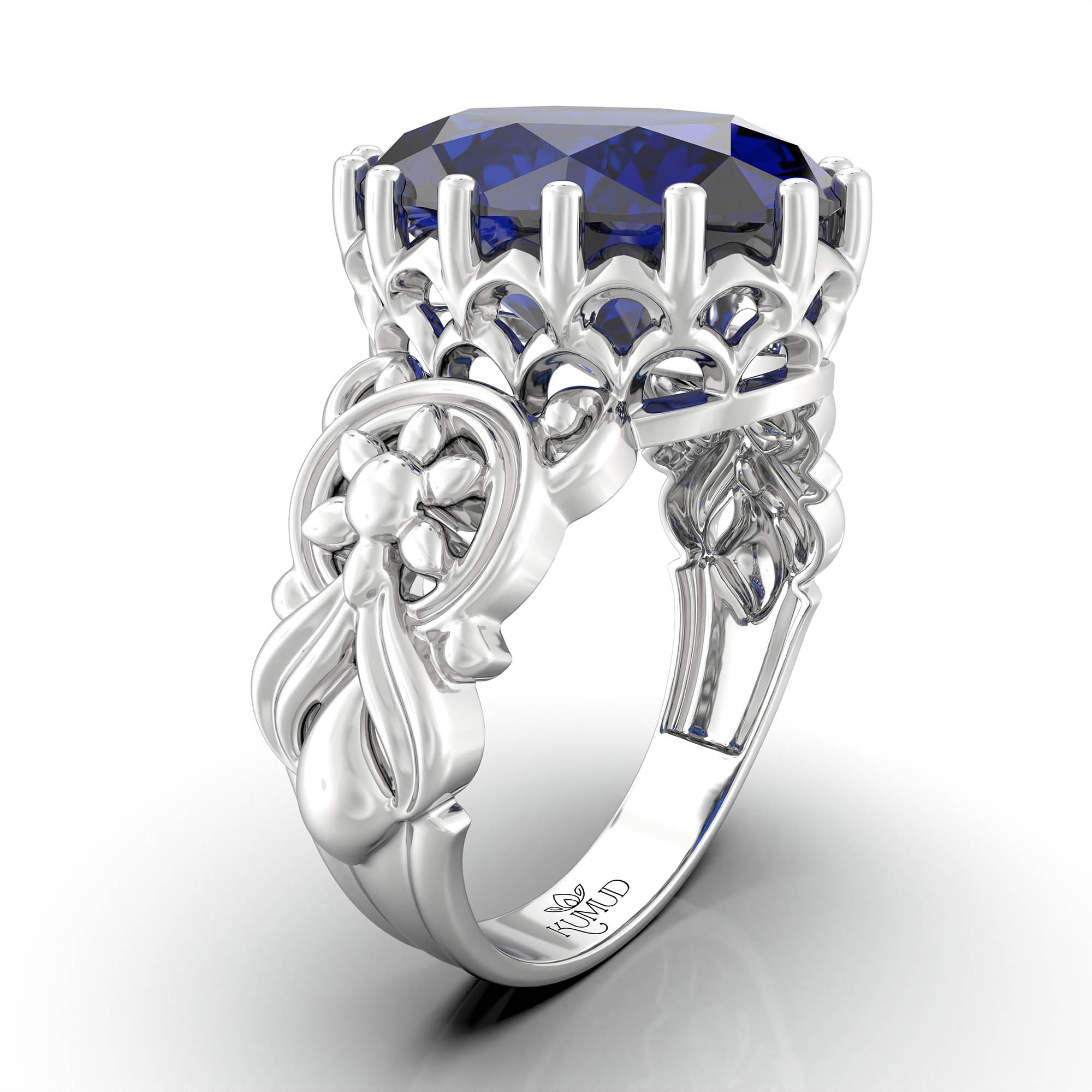 Blue Sapphire (Neelam) Antique Ring for Women in 18K White Gold – Oval 13x10 mm, Prong Setting, 4 g (Design KA-3) thumbnail