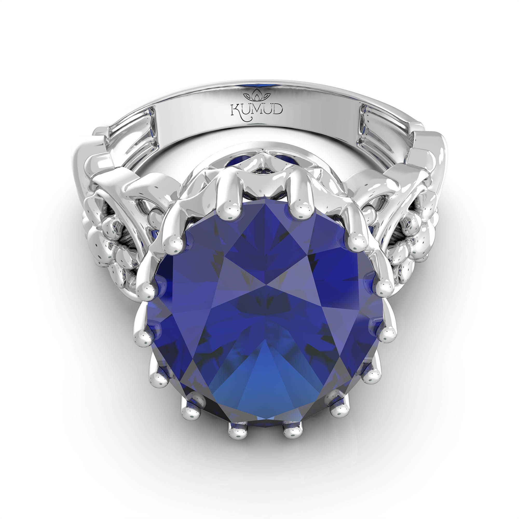 Blue Sapphire (Neelam) Antique Ring for Women in 18K White Gold – Oval 13x10 mm, Prong Setting, 4 g (Design KA-3) thumbnail