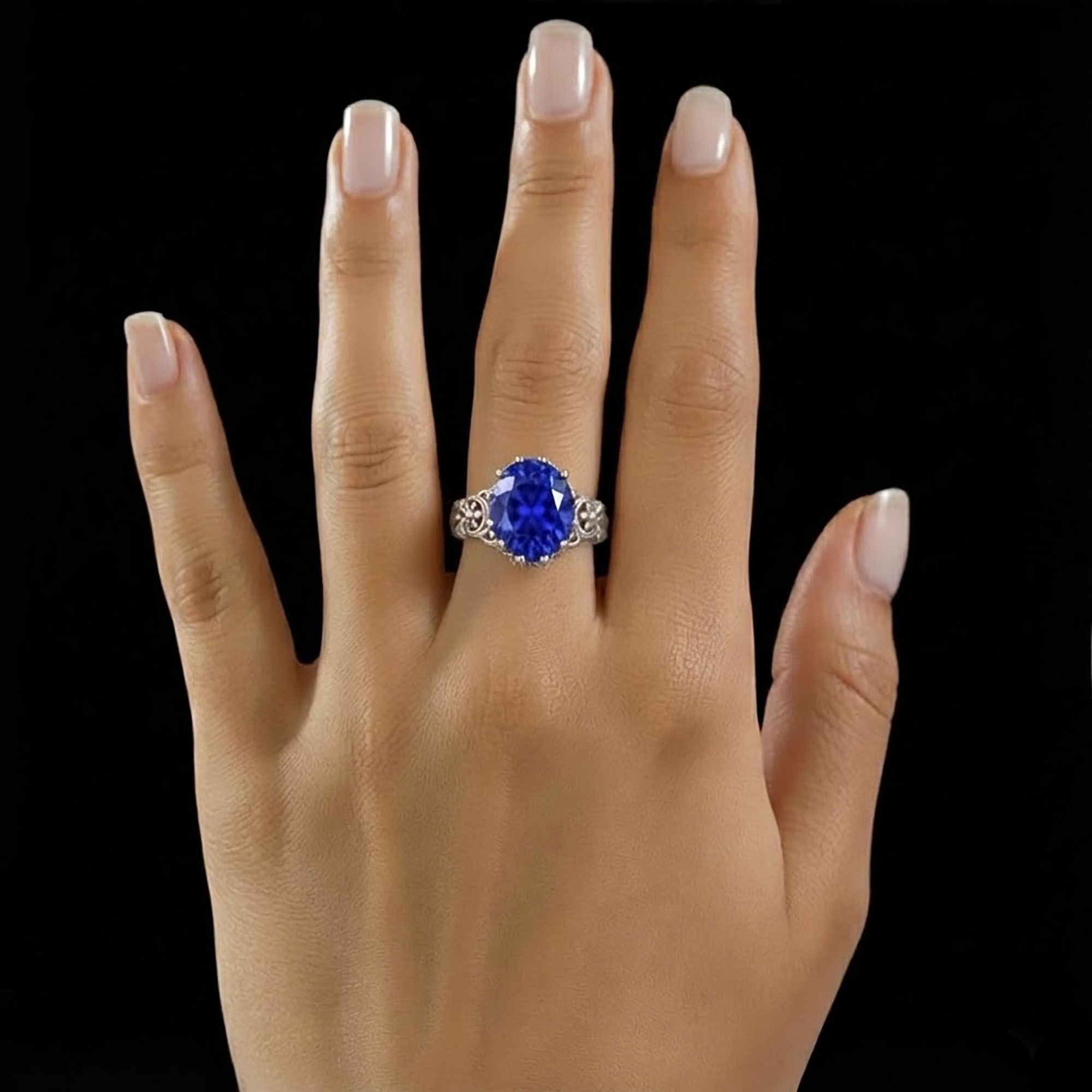 Blue Sapphire (Neelam) Antique Ring for Women in 18K White Gold – Oval 13x10 mm, Prong Setting, 4 g (Design KA-3) thumbnail