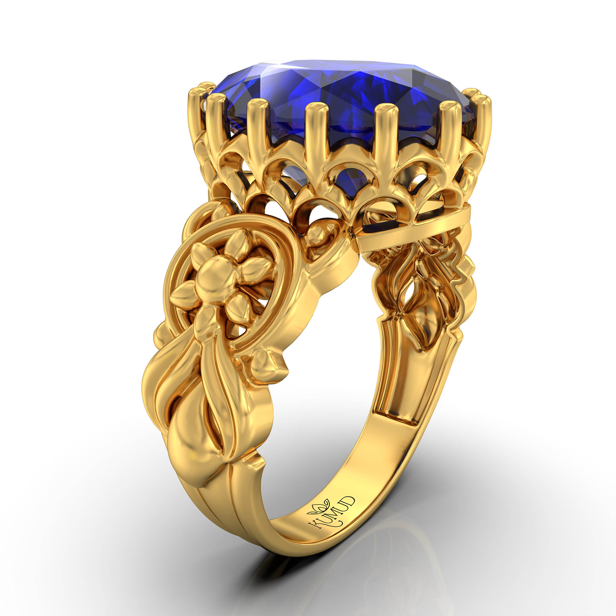Blue Sapphire (Neelam) Antique Ring for Women in 22K Yellow Gold – Oval 13x10 mm, Prong Setting, 4 g (Design KA-3) thumbnail