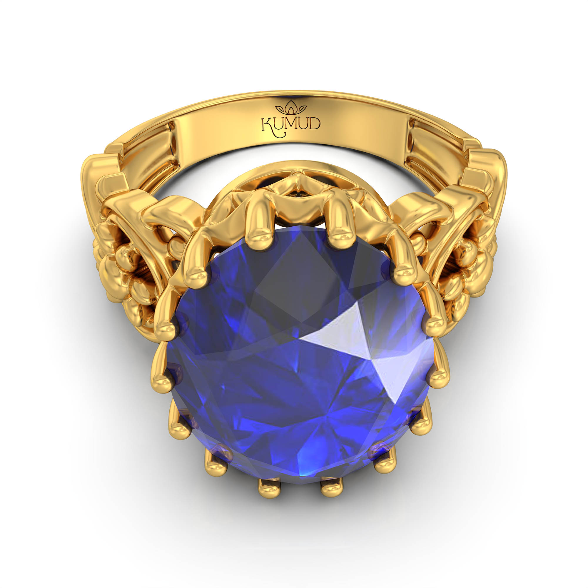 Blue Sapphire (Neelam) Antique Ring for Women in 22K Yellow Gold – Oval 13x10 mm, Prong Setting, 4 g (Design KA-3) thumbnail