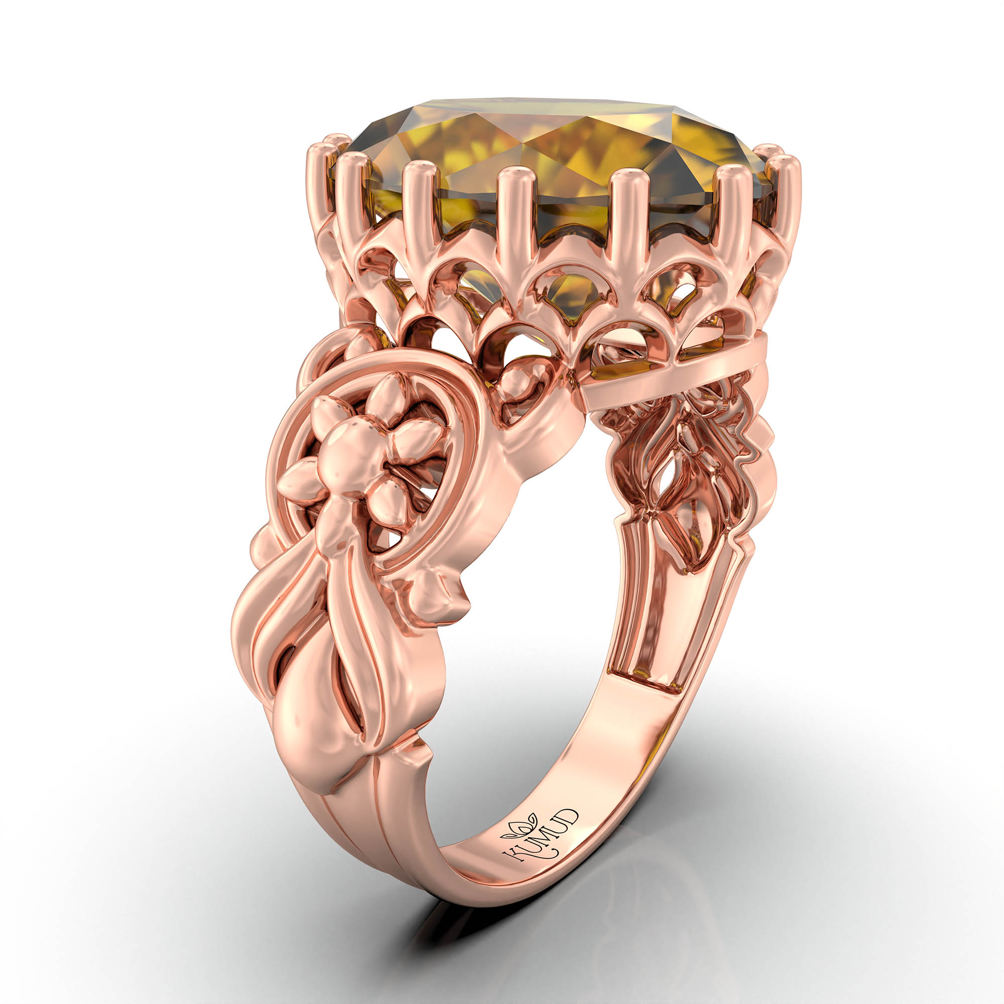 Yellow Sapphire (Pukhraj) Antique Ring for Women in 18K Rose Gold – Oval 13x10 mm, Prong Setting, 4 g (Design KA-3) thumbnail
