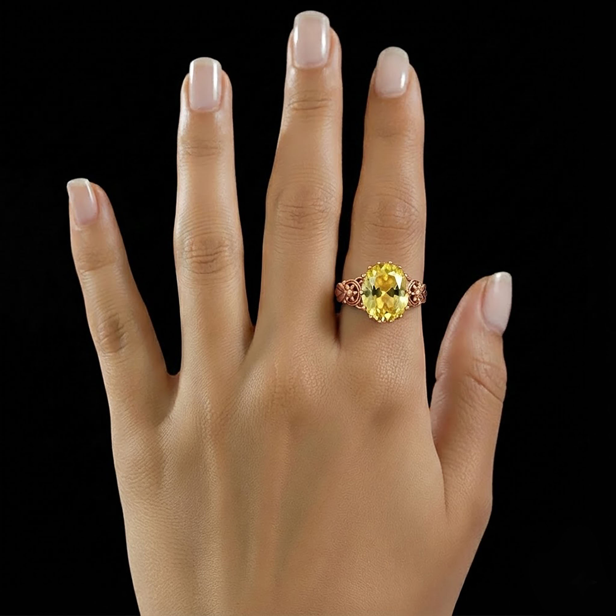 Yellow Sapphire (Pukhraj) Antique Ring for Women in 18K Rose Gold – Oval 13x10 mm, Prong Setting, 4 g (Design KA-3) thumbnail